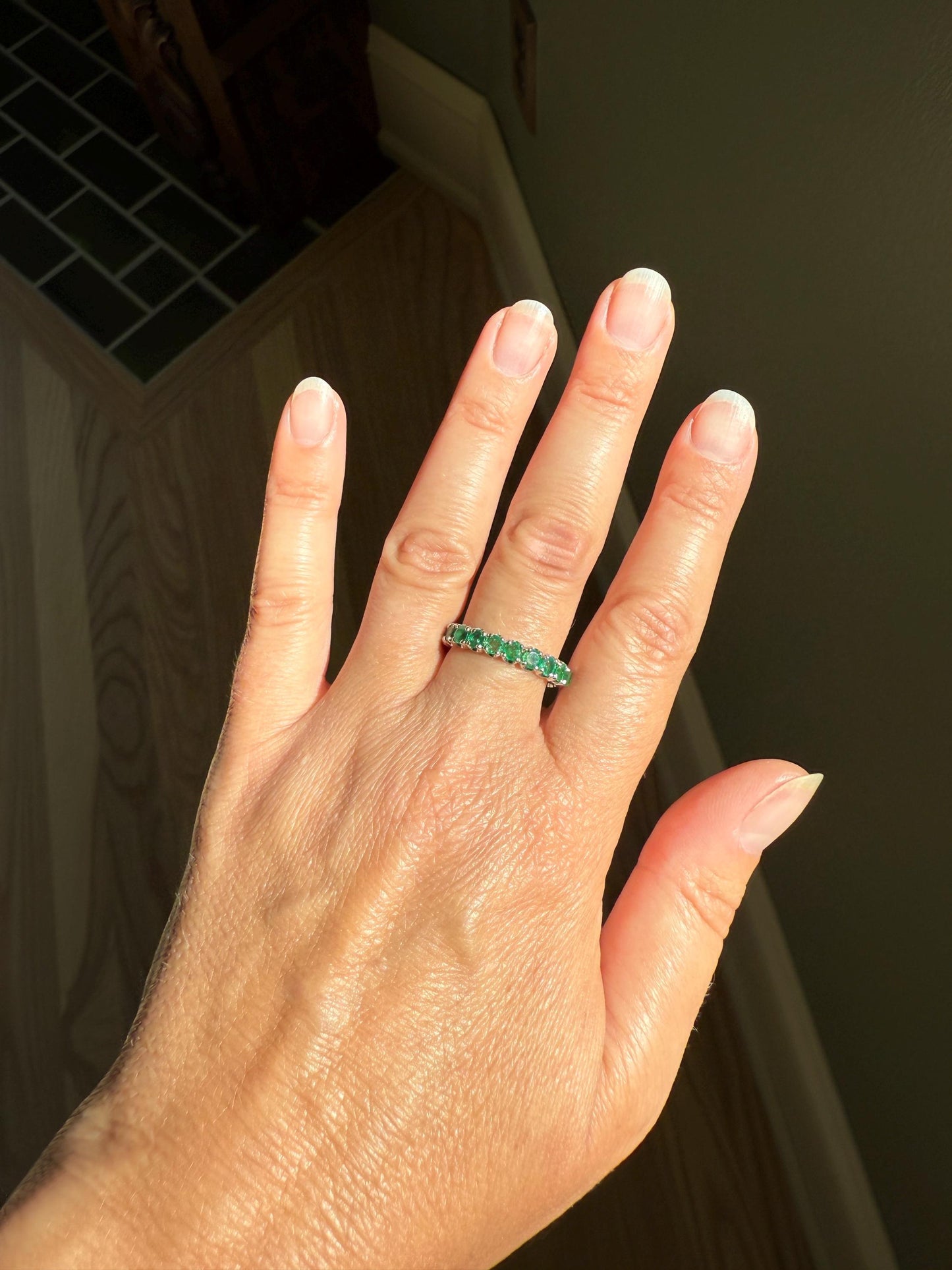 EMERALD Vintage 3.8mm Half Eternity Hoop Ring 18k White Gold French Band Stacker 11 Stone Green Skinny Line Romantic Gift