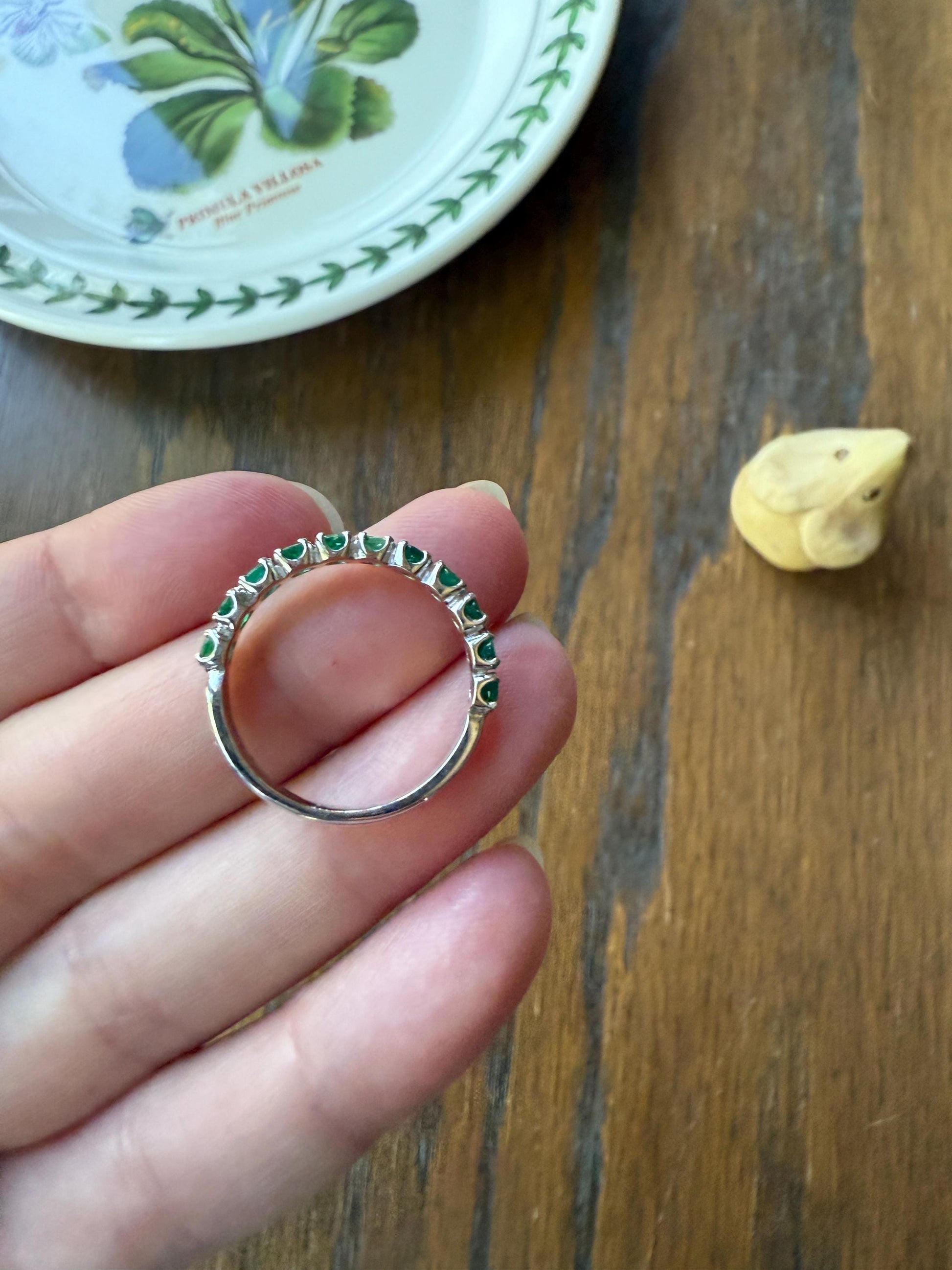 EMERALD Vintage 3.8mm Half Eternity Hoop Ring 18k White Gold French Band Stacker 11 Stone Green Skinny Line Romantic Gift