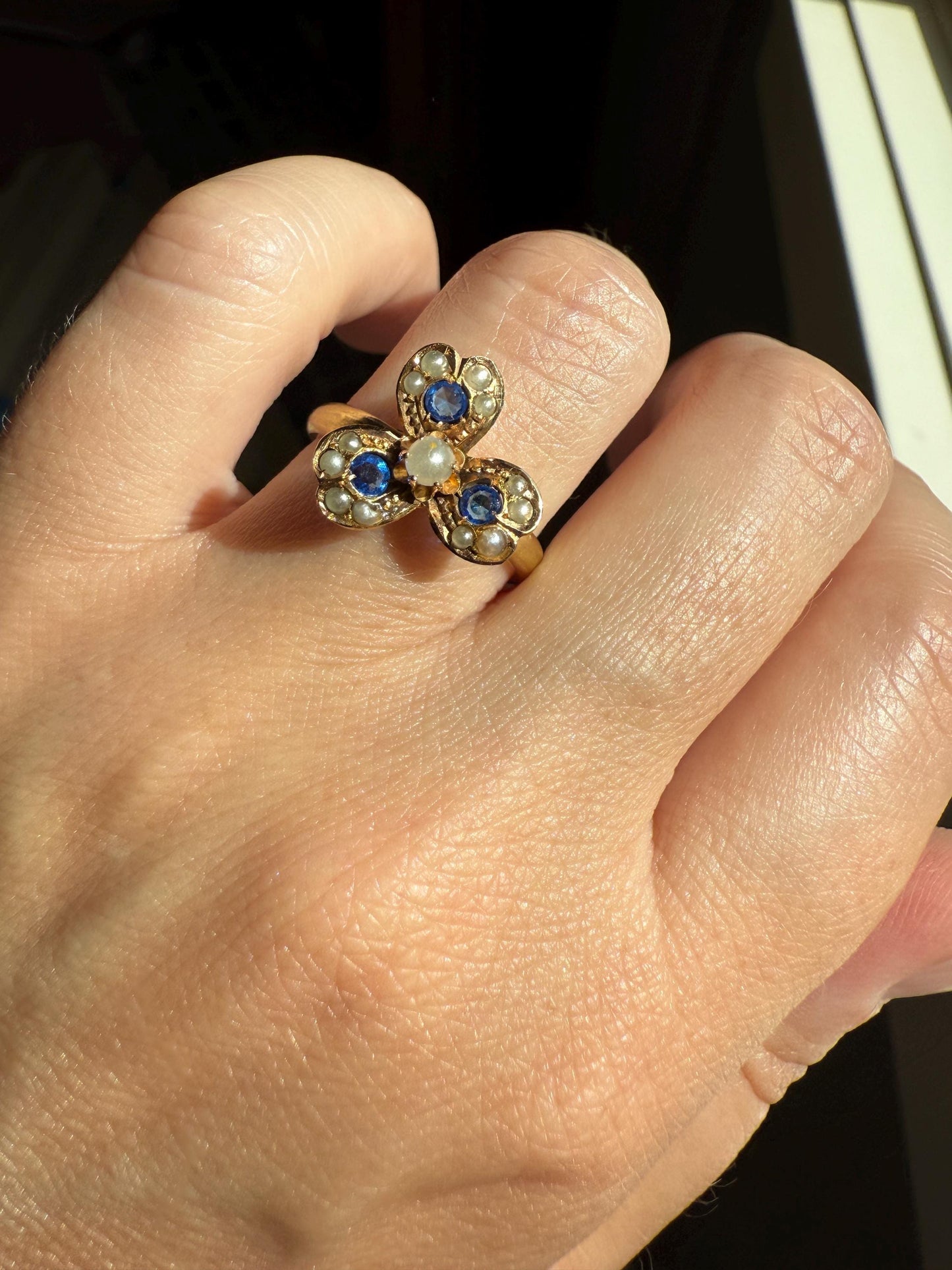 SPINNER Figural Flower Pearl Blue Paste Sapphire Antique Ring 18k Gold Victorian Moveable Face Unique One of a Kind