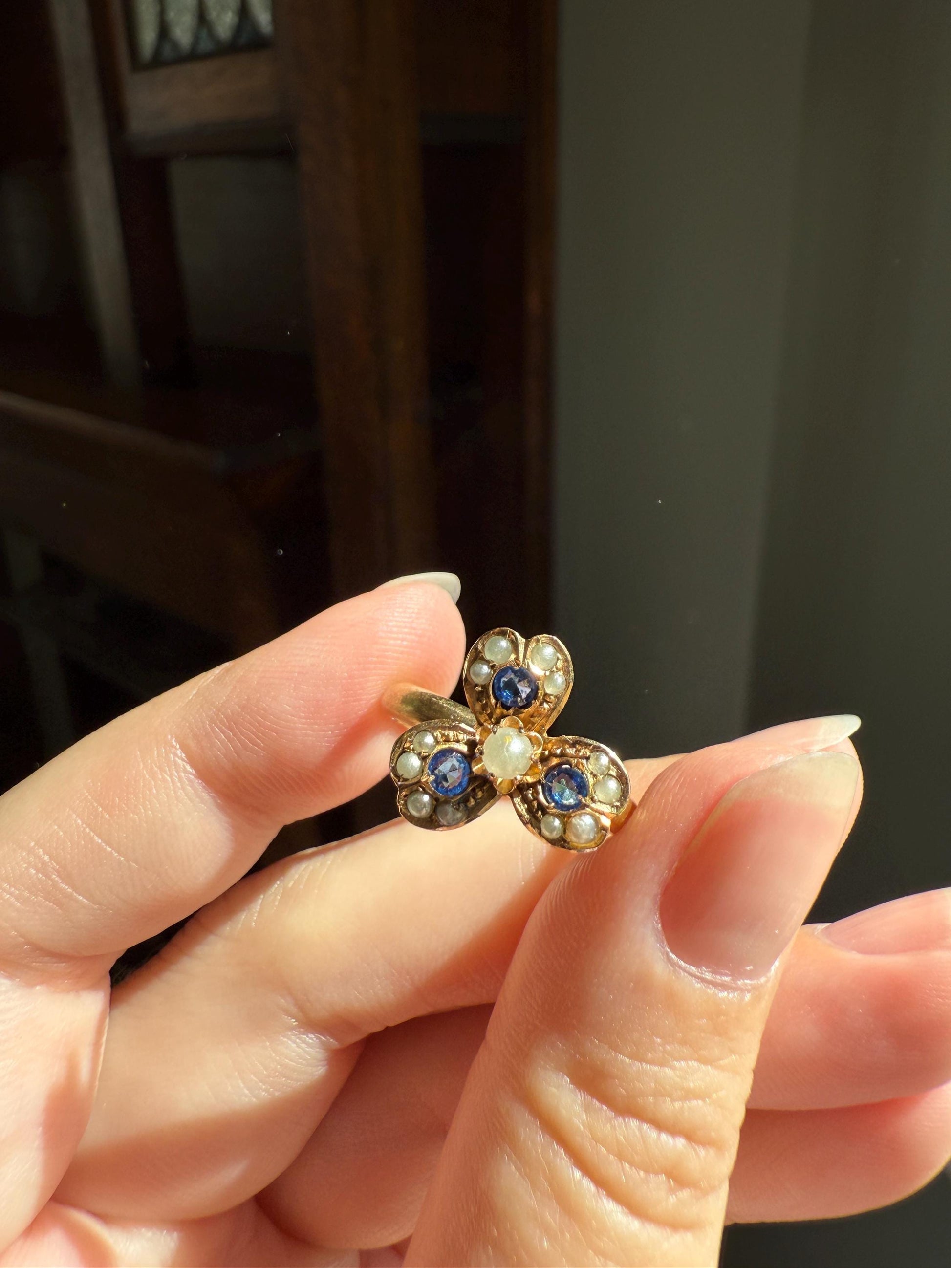 SPINNER Figural Flower Pearl Blue Paste Sapphire Antique Ring 18k Gold Victorian Moveable Face Unique One of a Kind