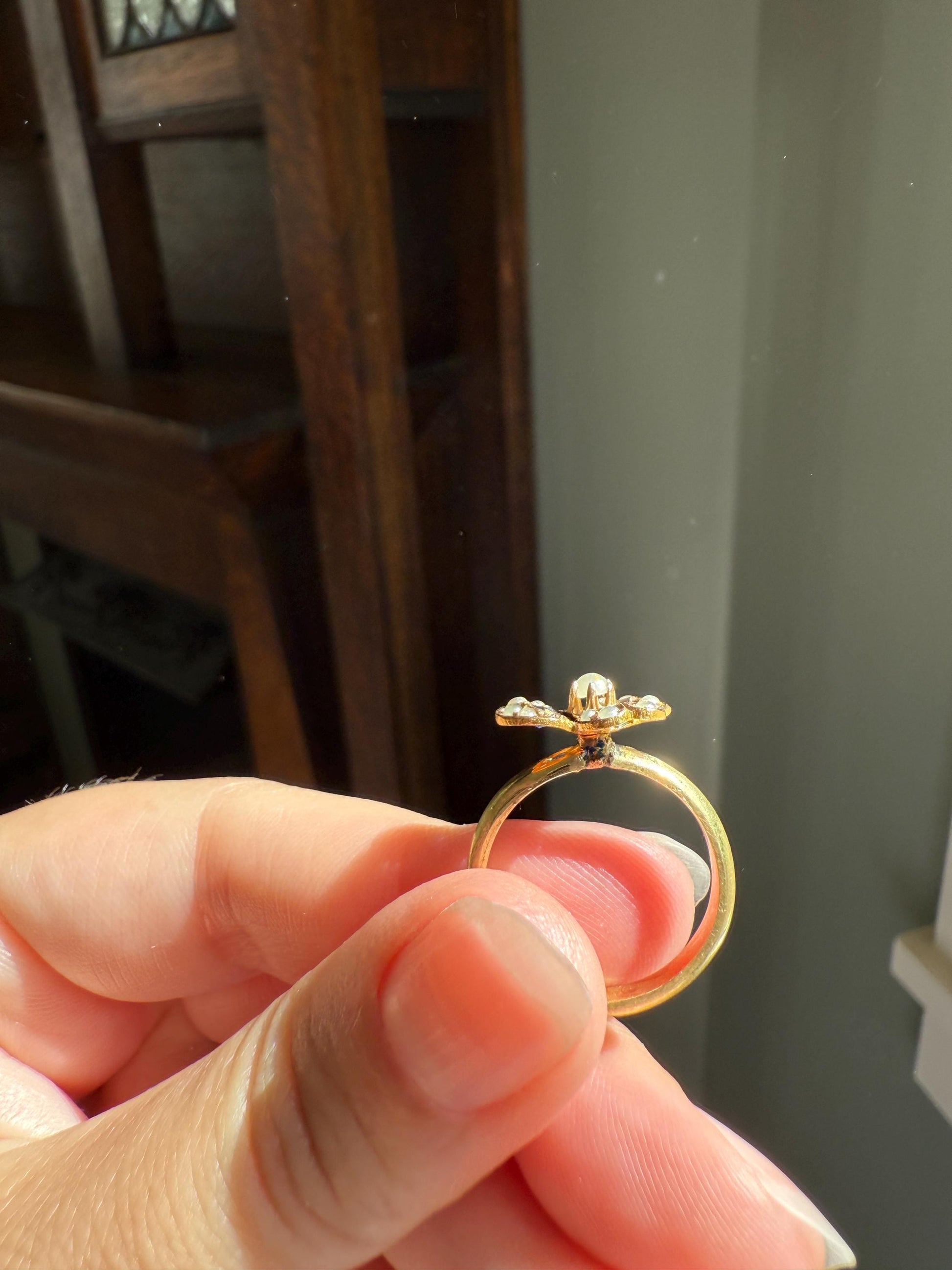 SPINNER Figural Flower Pearl Blue Paste Sapphire Antique Ring 18k Gold Victorian Moveable Face Unique One of a Kind
