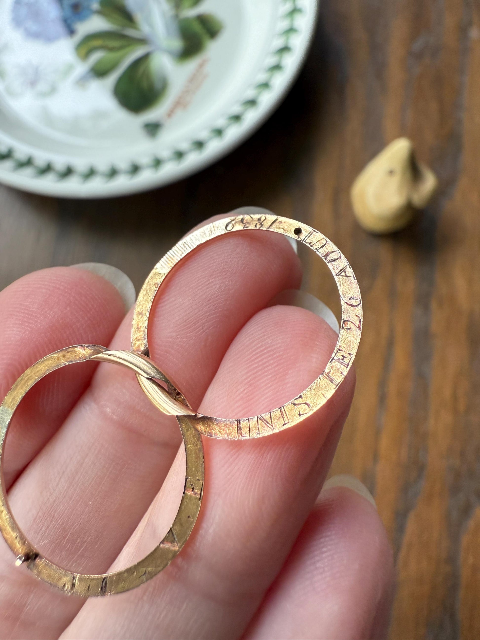 DATED 1839 Early VICTORIAN French Antique 18k Gold GIMMEL Twin Wedding Band Skinny Puzzle RiNG Donut Stacker Comfort Fit Gift Love Georgian