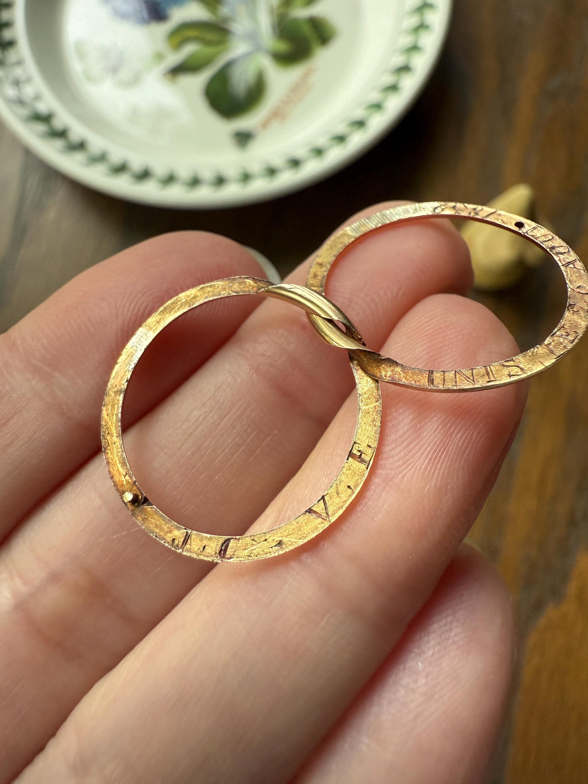 DATED 1839 Early VICTORIAN French Antique 18k Gold GIMMEL Twin Wedding Band Skinny Puzzle RiNG Donut Stacker Comfort Fit Gift Love Georgian