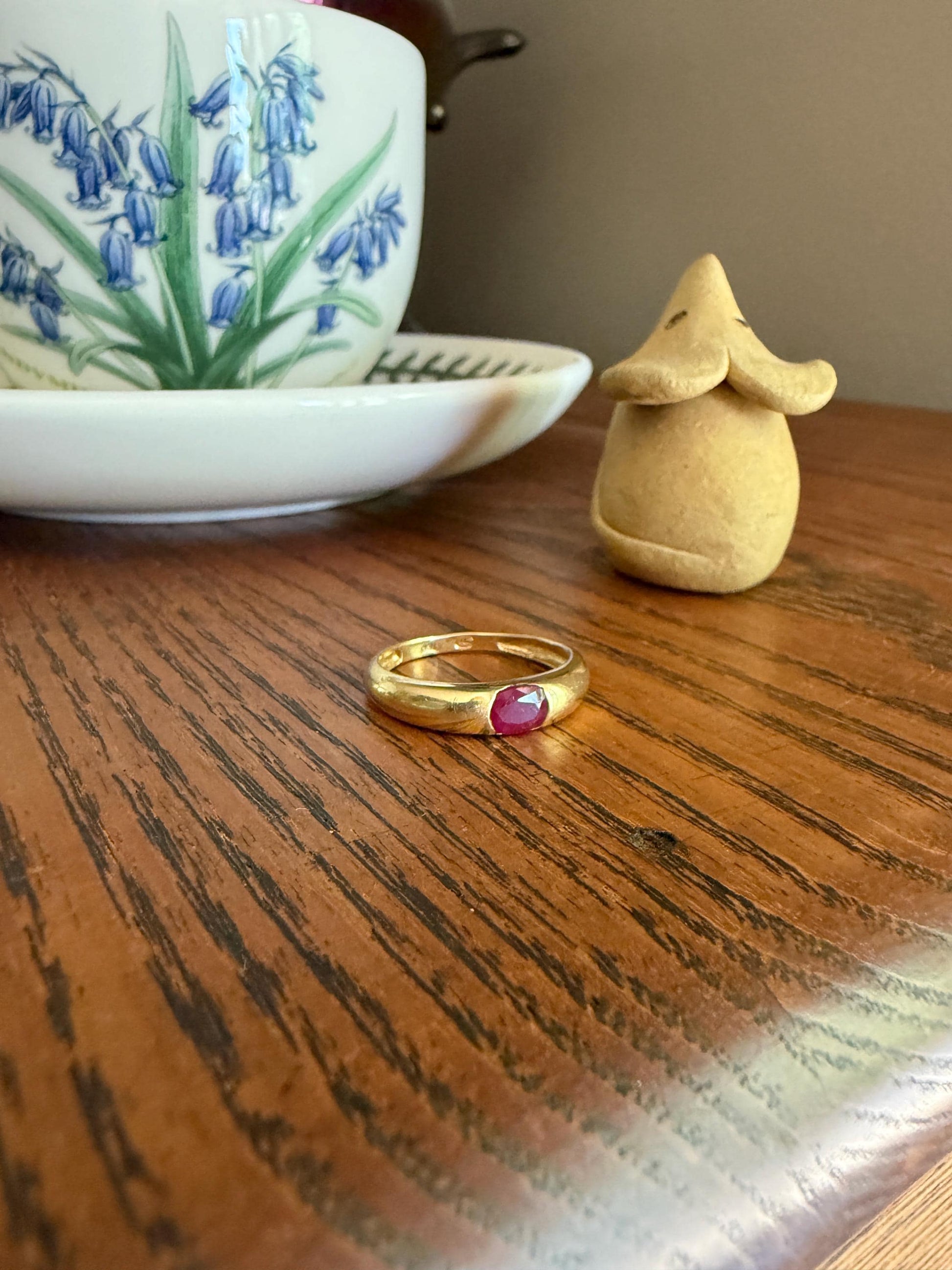 RUBY Vintage 4.3mm Gypsy Ring 18k Gold French Domed Skinny Band Solitaire Red Pink Stacker East West Oval Line Romantic Gift