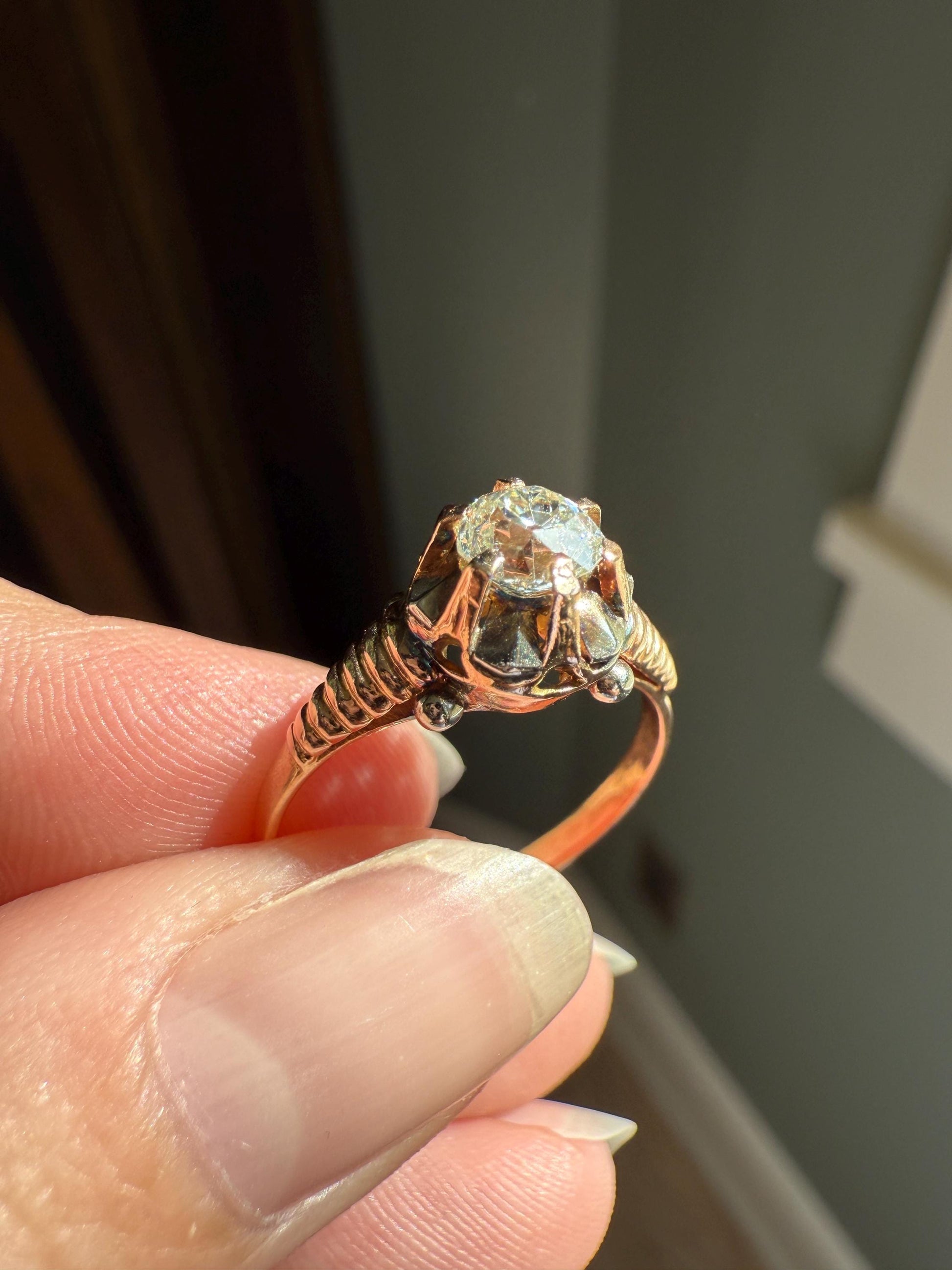 VICTORIAN Antique 2/3 Carat EYE CLEAN Old Mine Cut Diamond Engagement Ring 18k Gold Solitaire Basket Setting Lined Stacker Gift .67Ct OmC
