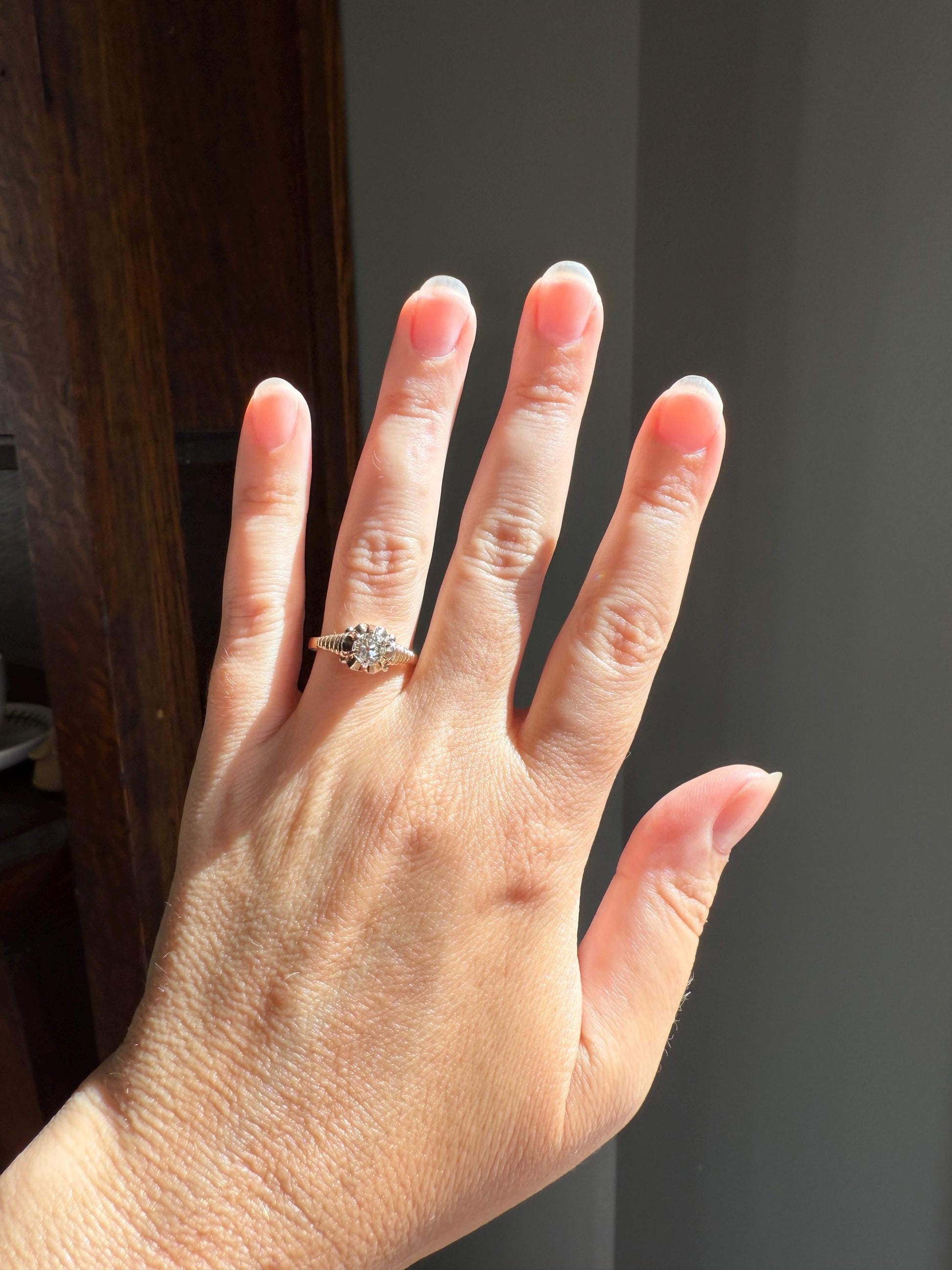 VICTORIAN Antique 2/3 Carat EYE CLEAN Old Mine Cut Diamond Engagement Ring 18k Gold Solitaire Basket Setting Lined Stacker Gift .67Ct OmC