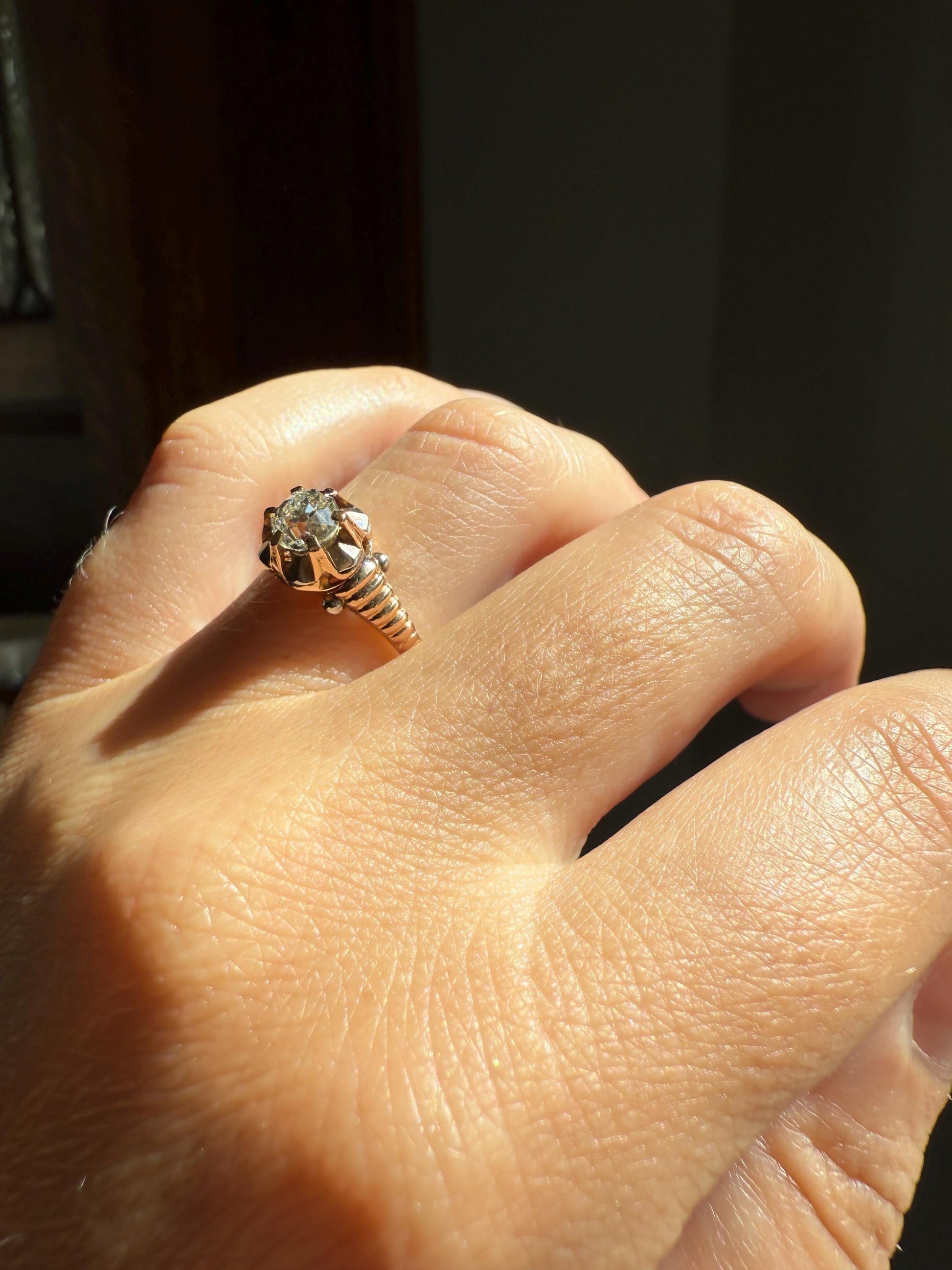 VICTORIAN Antique 2/3 Carat EYE CLEAN Old Mine Cut Diamond Engagement Ring 18k Gold Solitaire Basket Setting Lined Stacker Gift .67Ct OmC