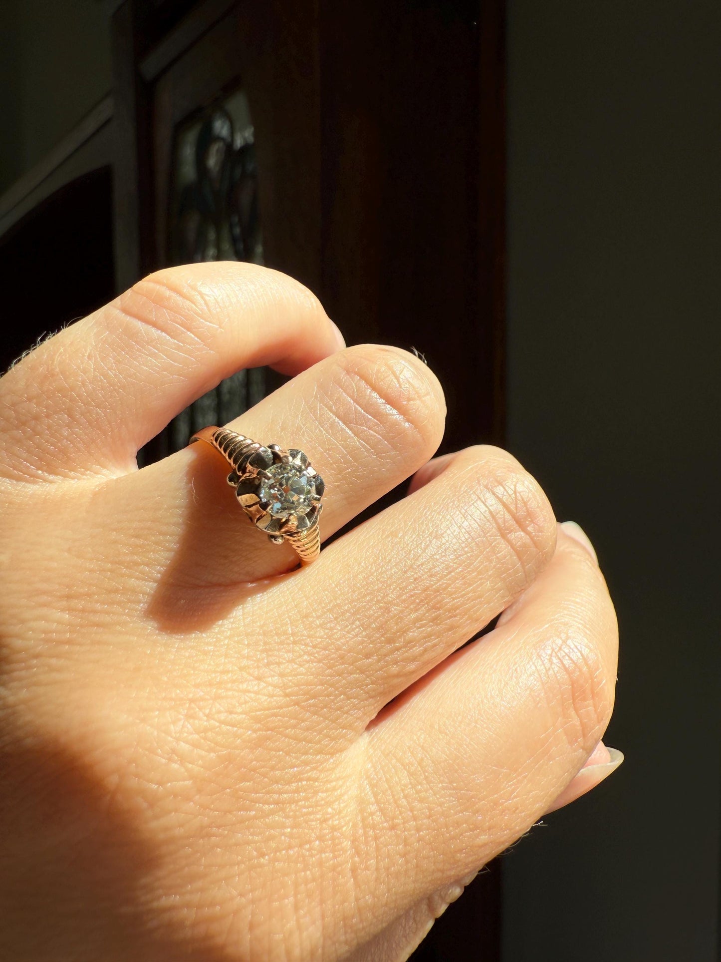 VICTORIAN Antique 2/3 Carat EYE CLEAN Old Mine Cut Diamond Engagement Ring 18k Gold Solitaire Basket Setting Lined Stacker Gift .67Ct OmC