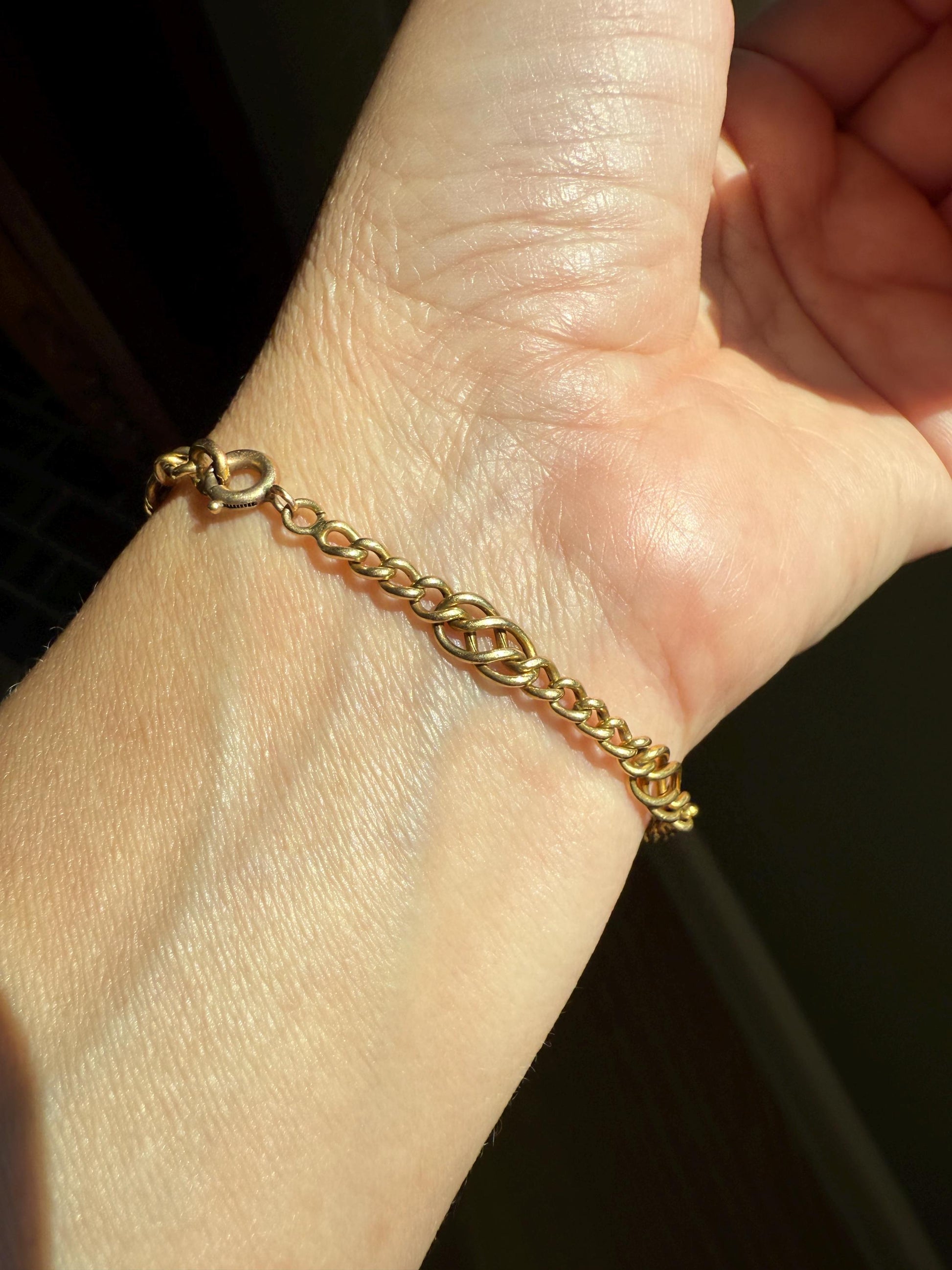 Antique Victorian BRACELET 4.4g 18k Gold Solid French Belle Epoque Curb & Braid Link 5.1mm Staple Chain Wriststack Romantic Gift