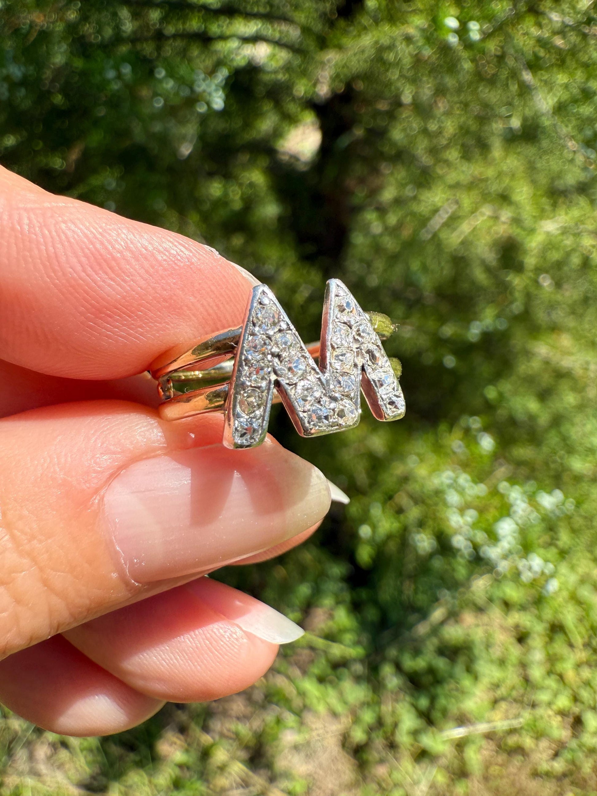 Antique INITIAL Ring M W VV 18 Old Mine Cut DIAMOND 18k Gold Ring Wide Double Band Romantic Gift Letter Stacker Monogram