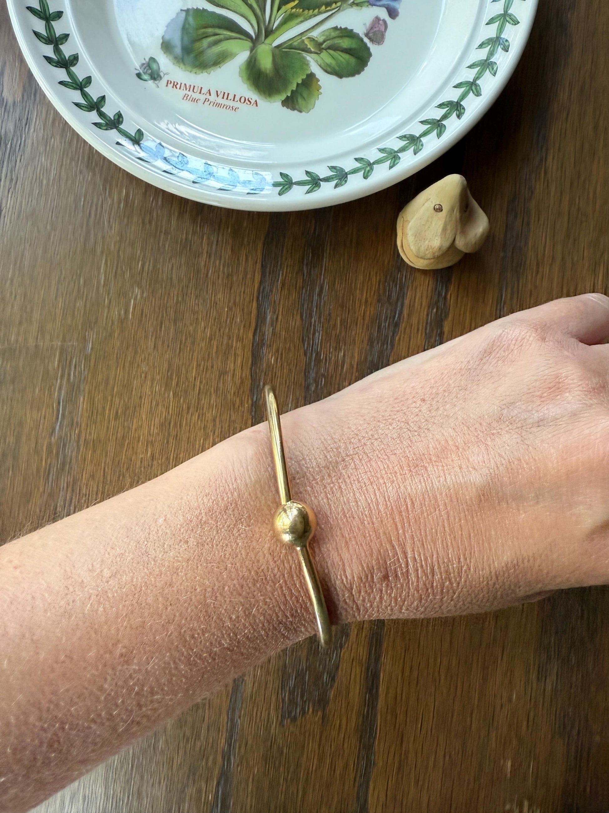 French Vintage 18k Gold BALL Rivet Sphere Tension Bangle Minimalist Wriststack Line Geometric Tube