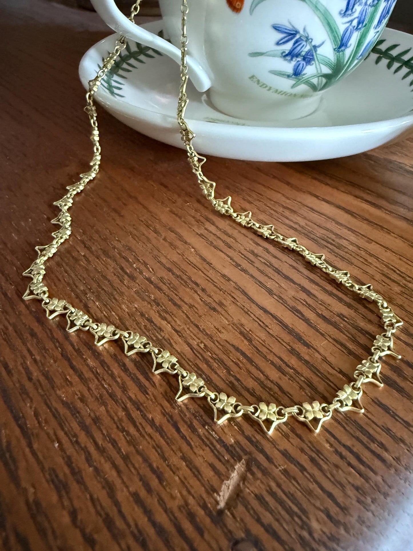 ANTIQUE Quadrilobe Floral Triangular Link Chain French Belle Epoque 14.4g 18k Gold Solid Quatrefoil Art Deco Nouveau 16" Short Collar Choker