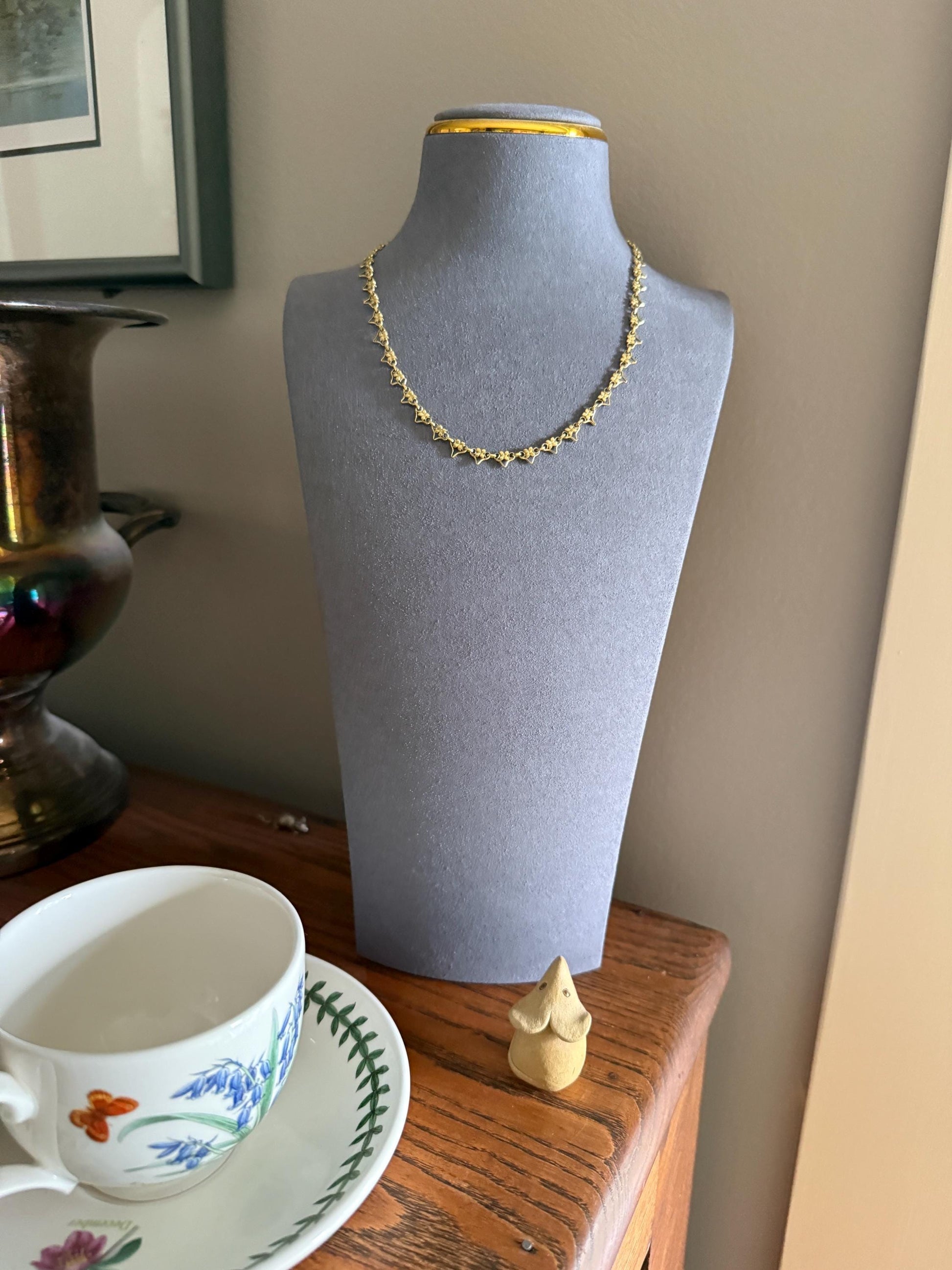 ANTIQUE Quadrilobe Floral Triangular Link Chain French Belle Epoque 14.4g 18k Gold Solid Quatrefoil Art Deco Nouveau 16" Short Collar Choker