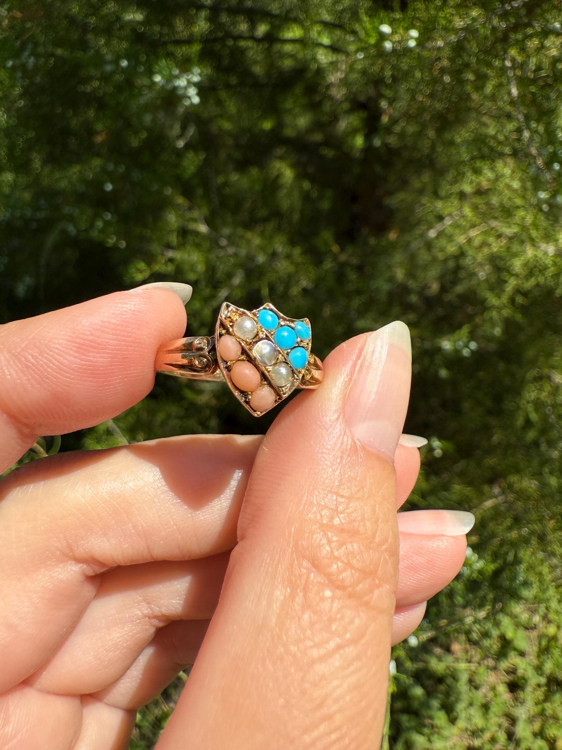 Antique SHIELD Turquoise Pearl Coral Striped 14k Gold Figural Ring Victorian Colorful Geometric Stacker Gift Ringstack Blue Salmon White