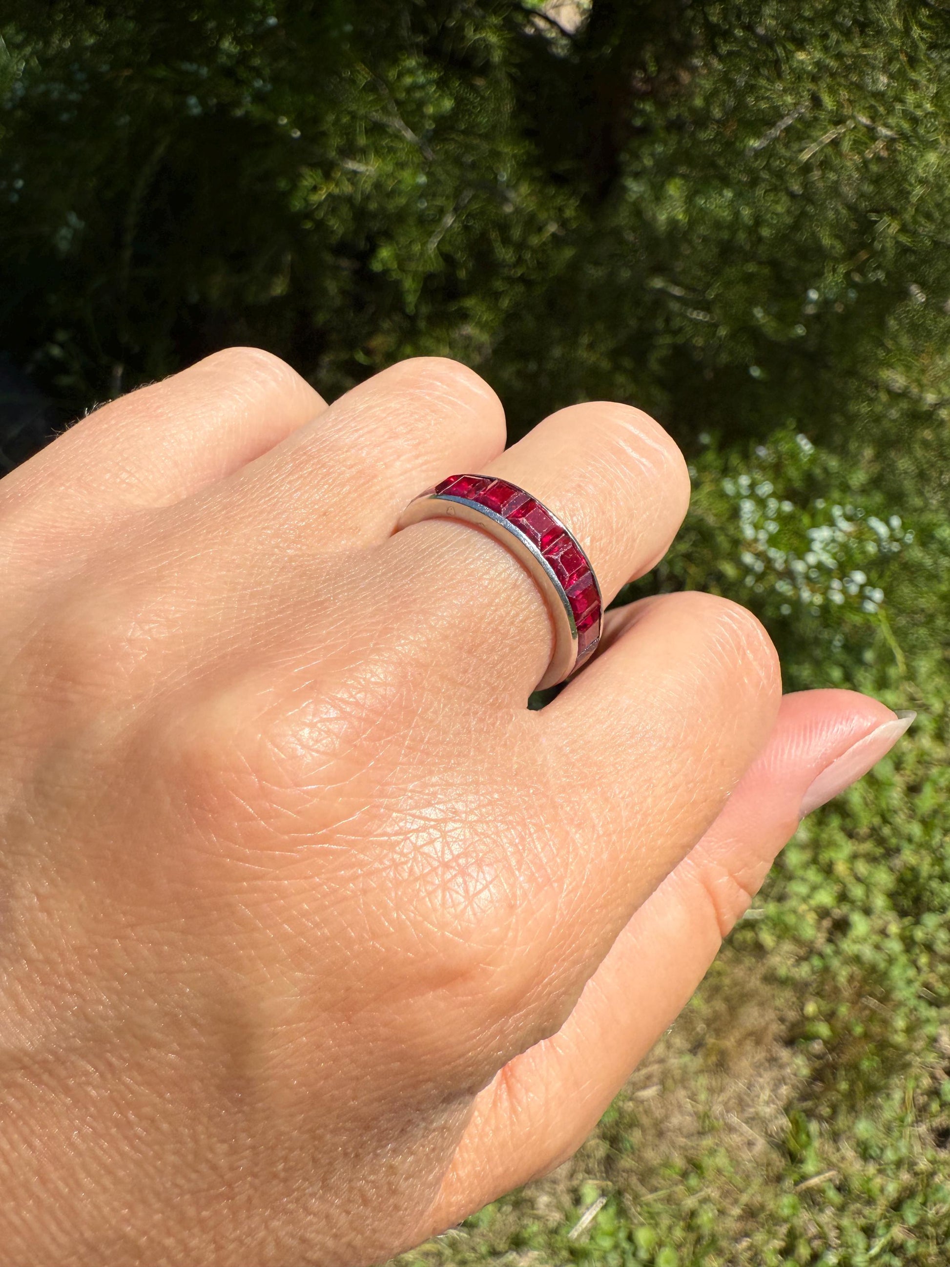 PLATINUM French Vintage Channel Set RUBY Full ETERNITY Band 4.7mm Wide Ring Skinny Line Stacker Romantic Gift Square Carre Cut Pink