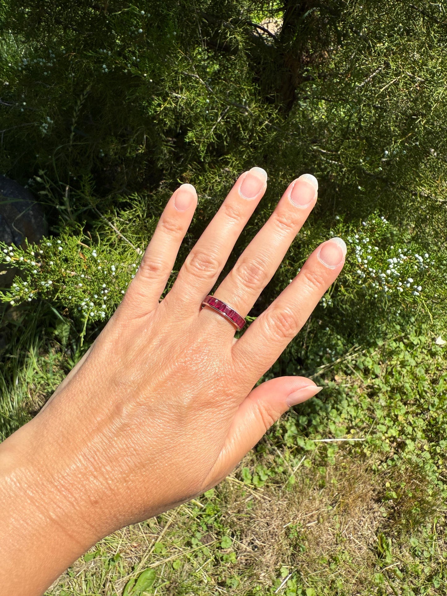 PLATINUM French Vintage Channel Set RUBY Full ETERNITY Band 4.7mm Wide Ring Skinny Line Stacker Romantic Gift Square Carre Cut Pink