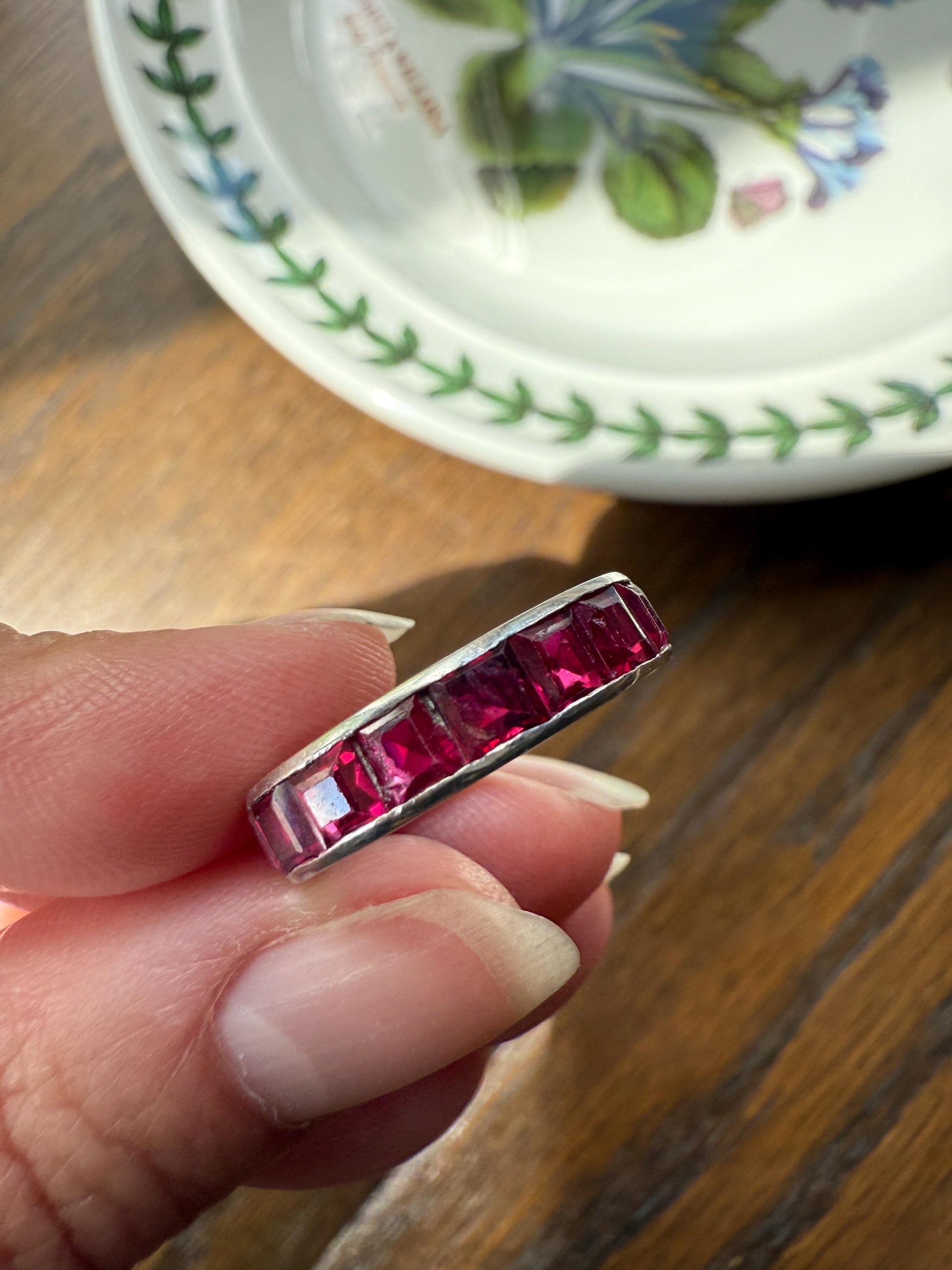 PLATINUM French Vintage Channel Set RUBY Full ETERNITY Band 4.7mm Wide Ring Skinny Line Stacker Romantic Gift Square Carre Cut Pink
