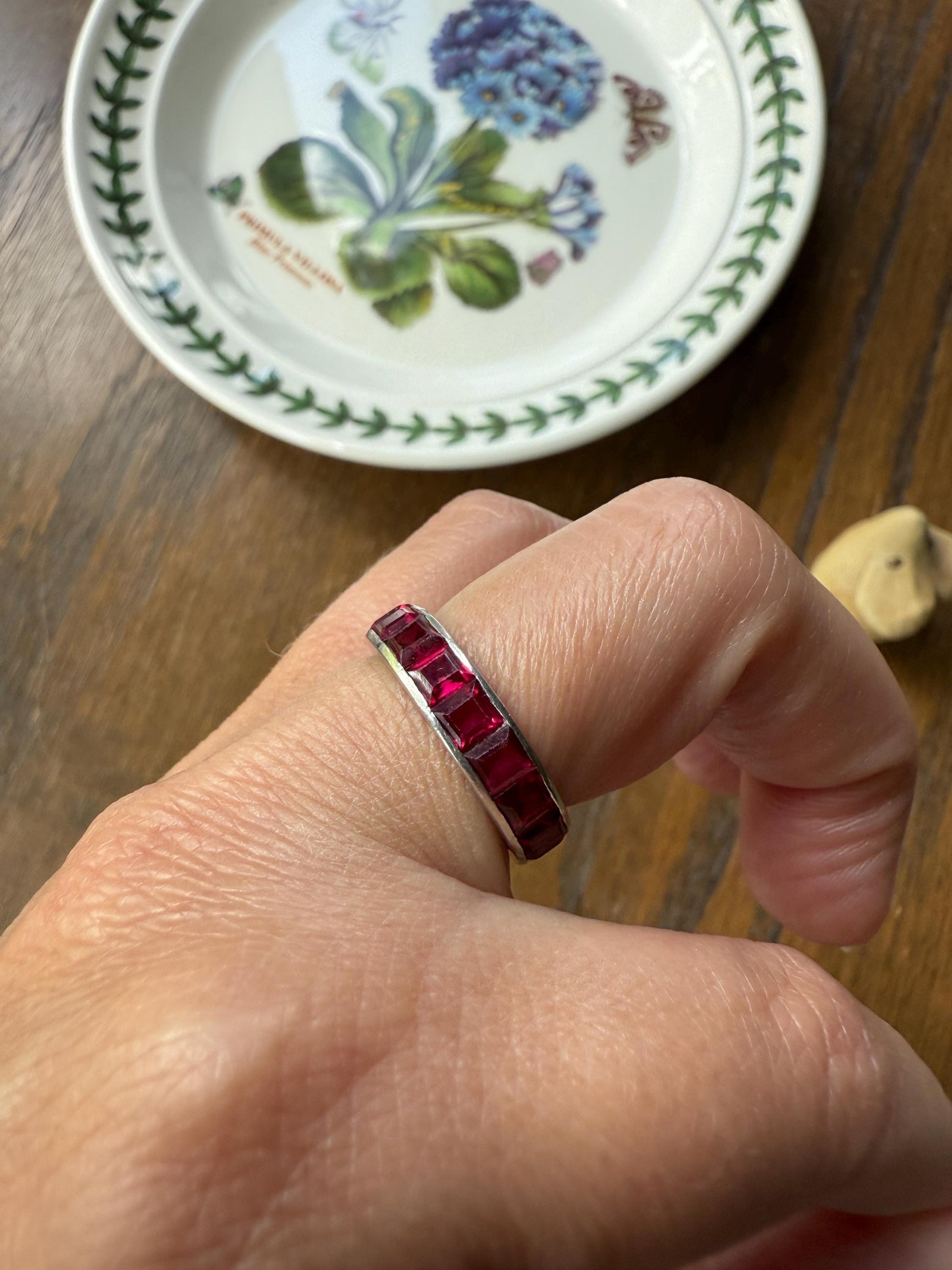 PLATINUM French Vintage Channel Set RUBY Full ETERNITY Band 4.7mm Wide Ring Skinny Line Stacker Romantic Gift Square Carre Cut Pink