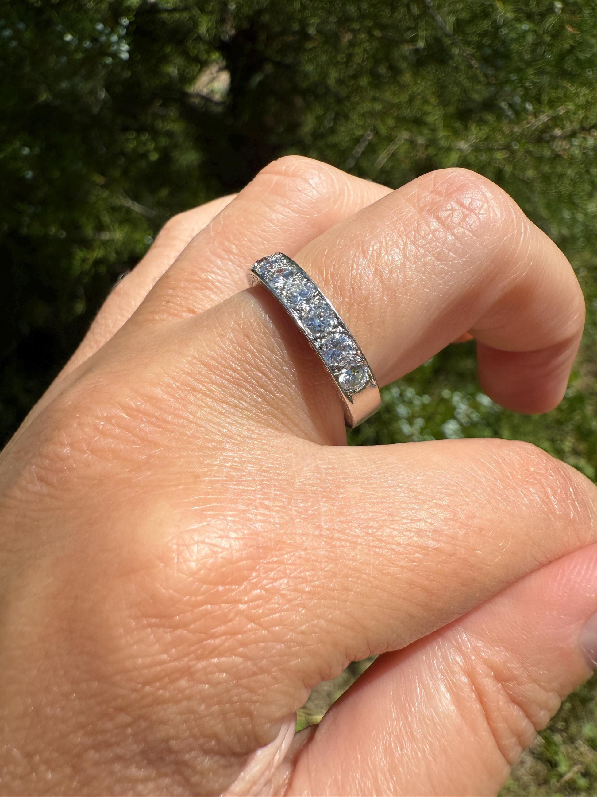 PLATINUM French Vintage 1.1 Carat DIAMOND Half Eternity Hoop Band 3.8mm Wide Engraved Eight Stone Ring Skinny Line Stacker Romantic Gift