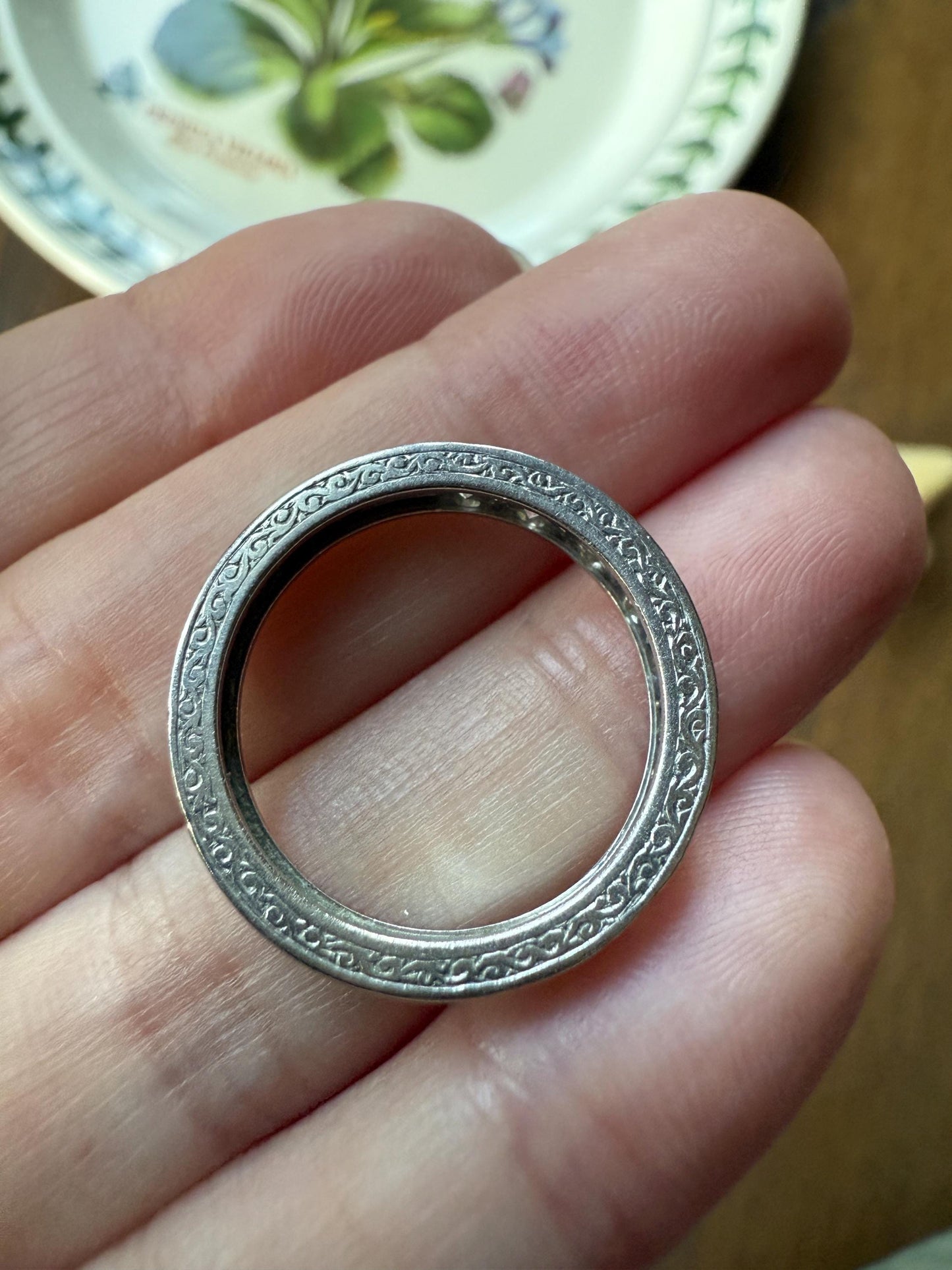 PLATINUM French Vintage 1.1 Carat DIAMOND Half Eternity Hoop Band 3.8mm Wide Engraved Eight Stone Ring Skinny Line Stacker Romantic Gift