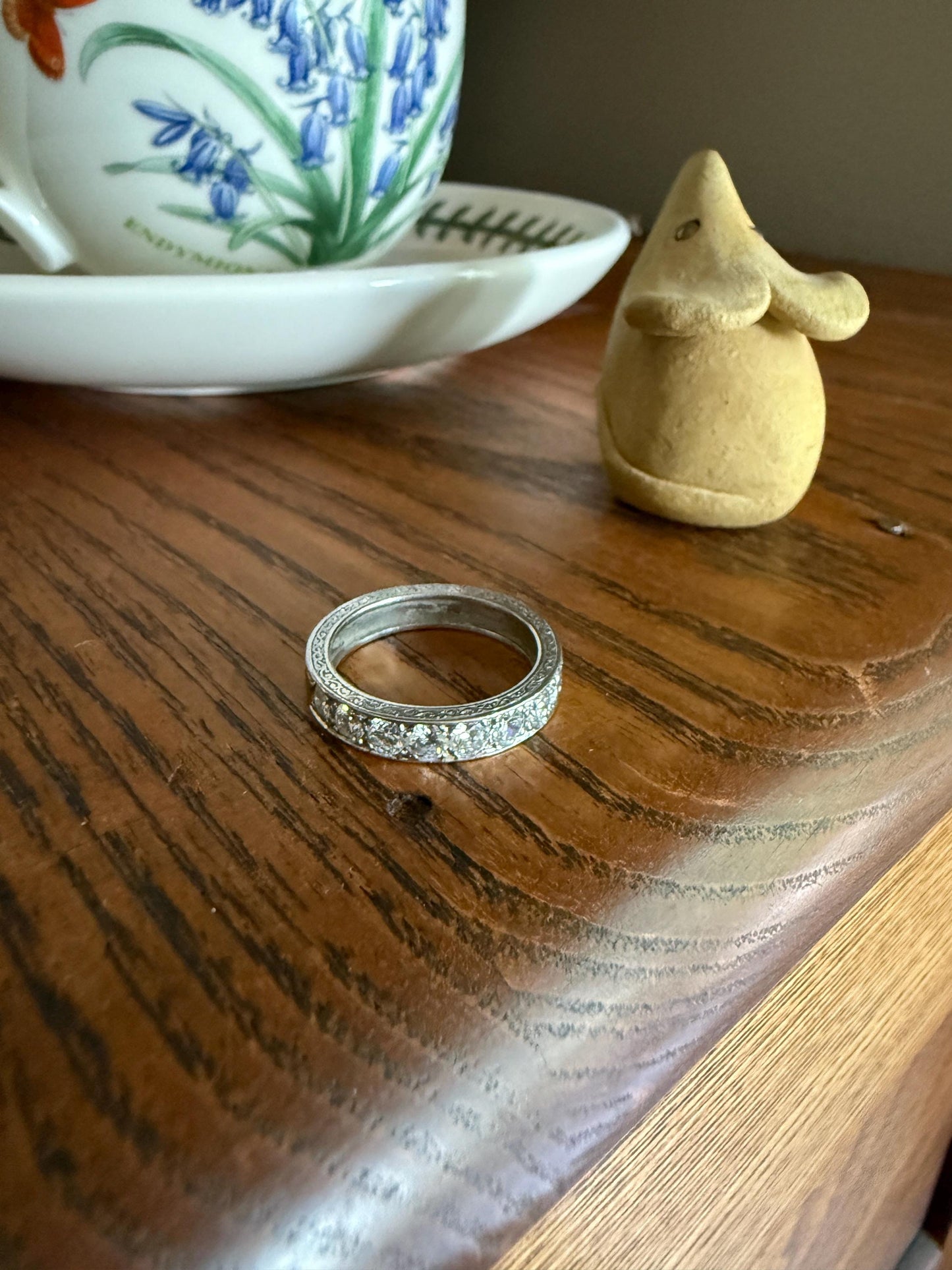 PLATINUM French Vintage 1.1 Carat DIAMOND Half Eternity Hoop Band 3.8mm Wide Engraved Eight Stone Ring Skinny Line Stacker Romantic Gift