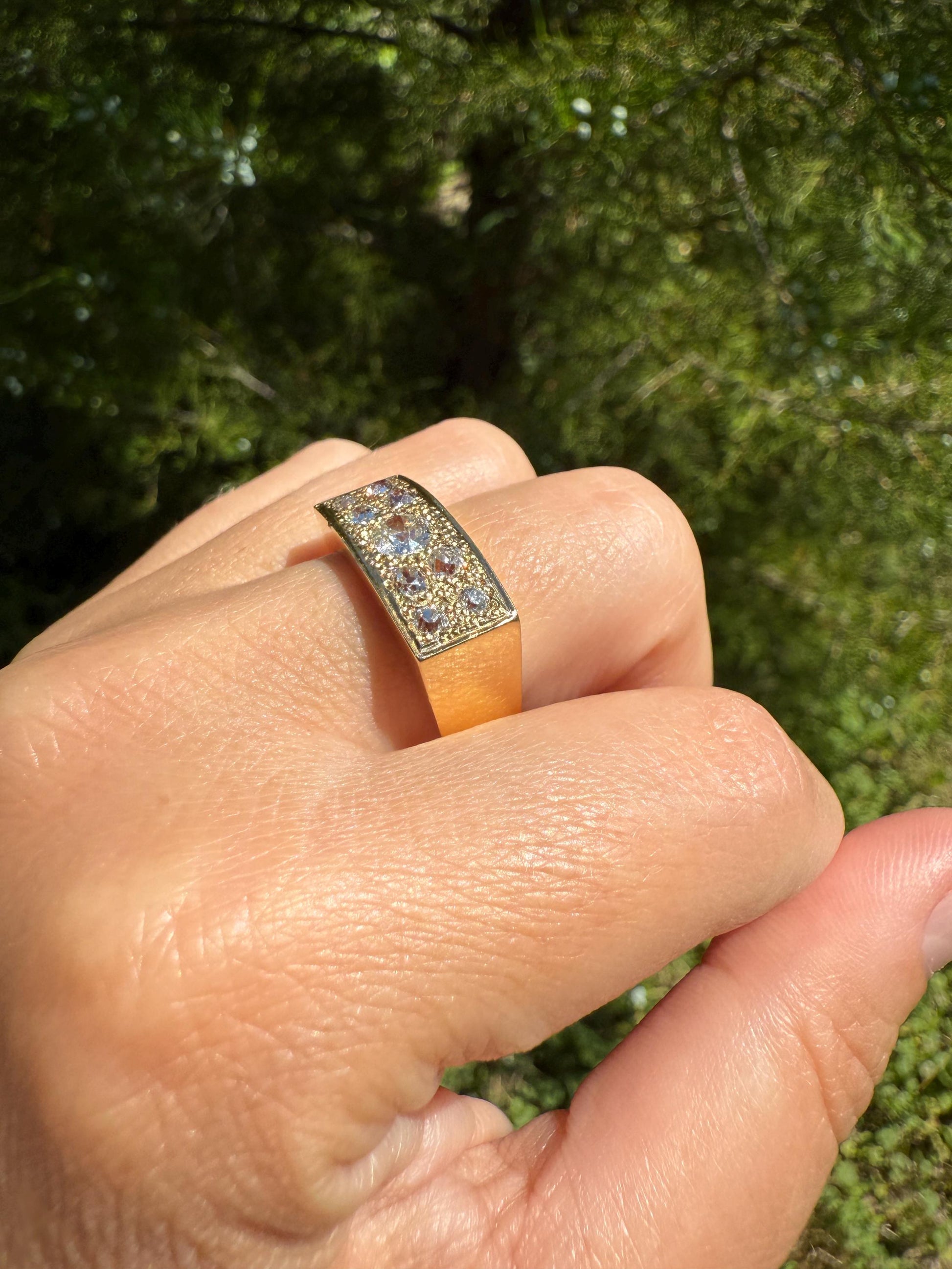 Transitional & Old Mine Cut DIAMOND 1Ctw French Vintage Grid Ring Platform Unisex Nine Stone Sturdy 7.5g 18k Gold Chunky Signet Stacker Gift