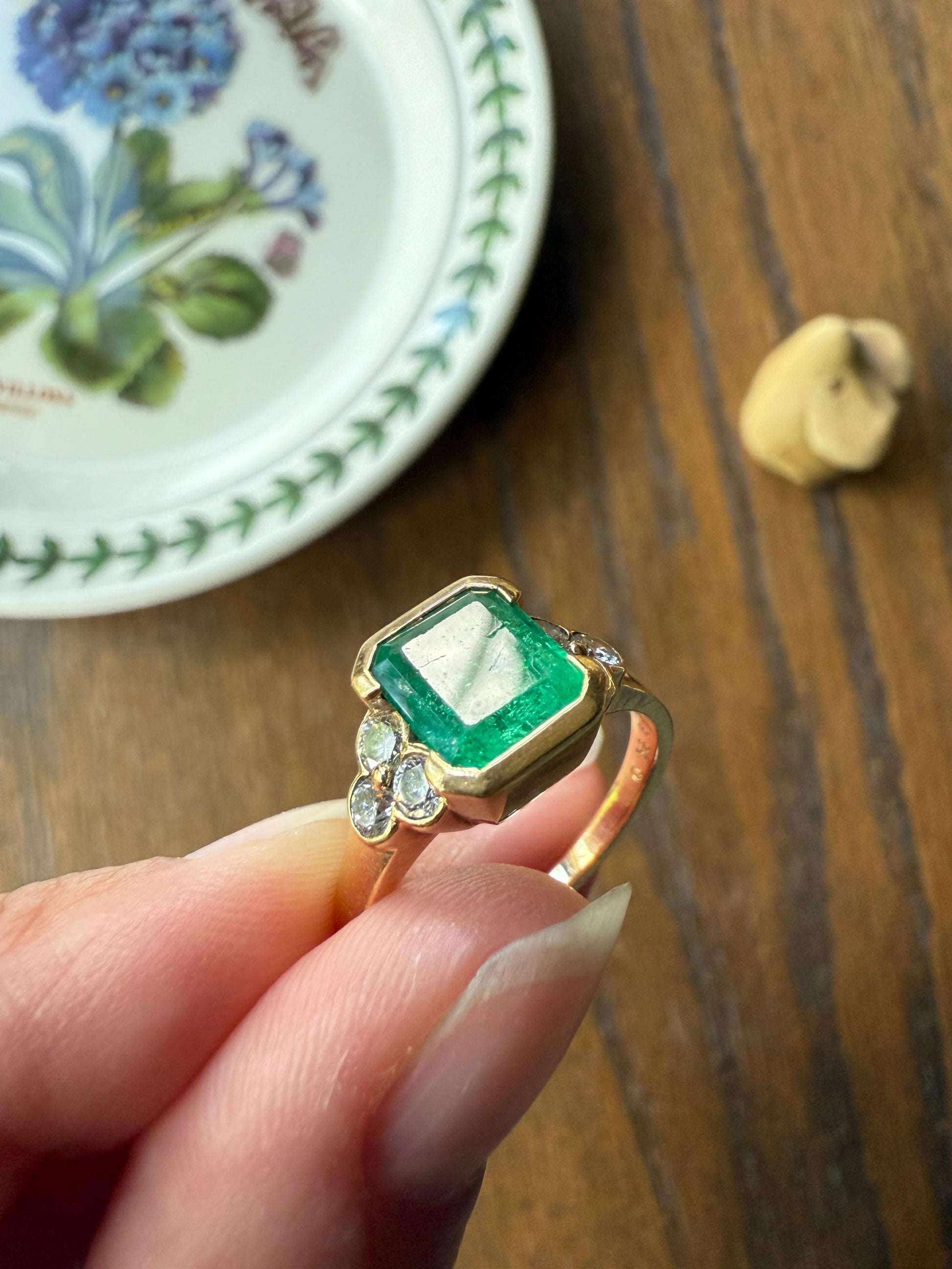 Vintage Rectangular Emerald Diamond Seven Stone Ring French 18k Gold Band Retro Stacker Green Sparkle Colorful Gift Tall Demi Bezel