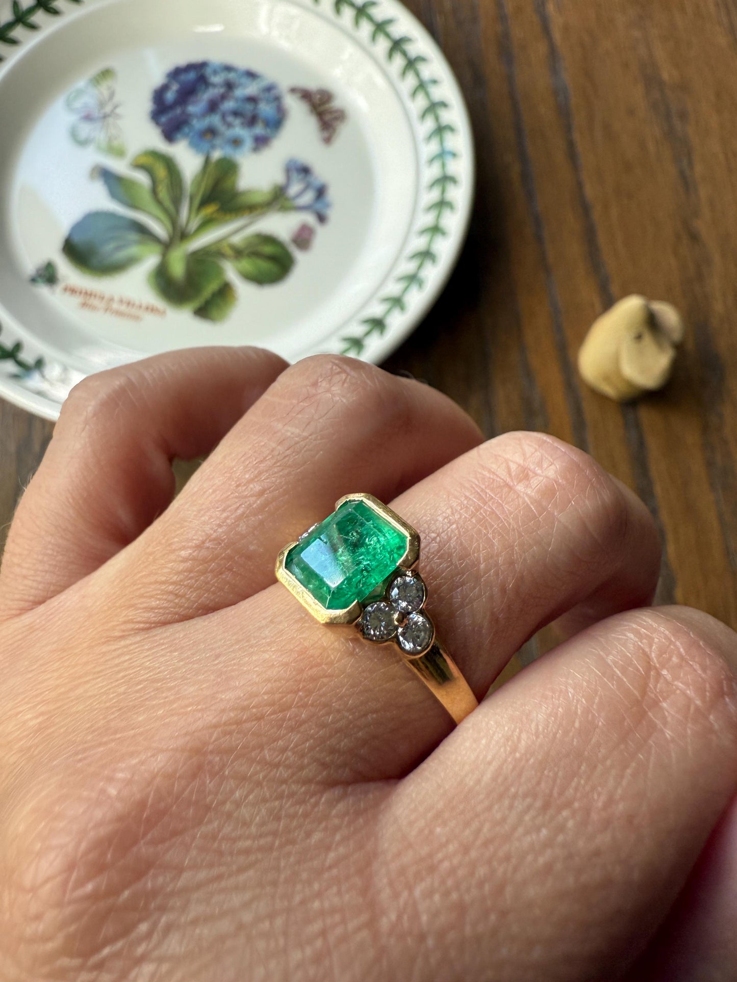 Vintage Rectangular Emerald Diamond Seven Stone Ring French 18k Gold Band Retro Stacker Green Sparkle Colorful Gift Tall Demi Bezel