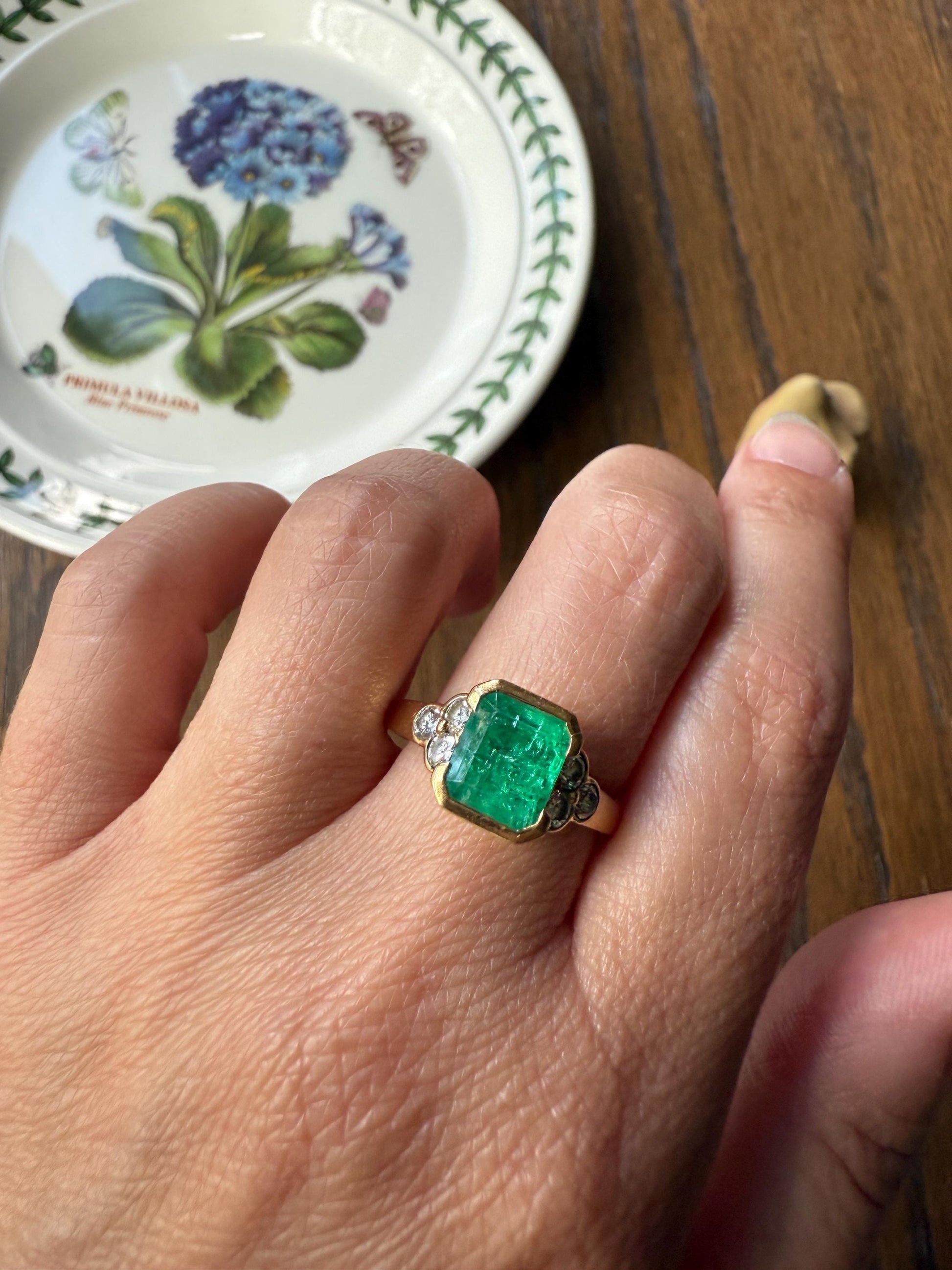 Vintage Rectangular Emerald Diamond Seven Stone Ring French 18k Gold Band Retro Stacker Green Sparkle Colorful Gift Tall Demi Bezel