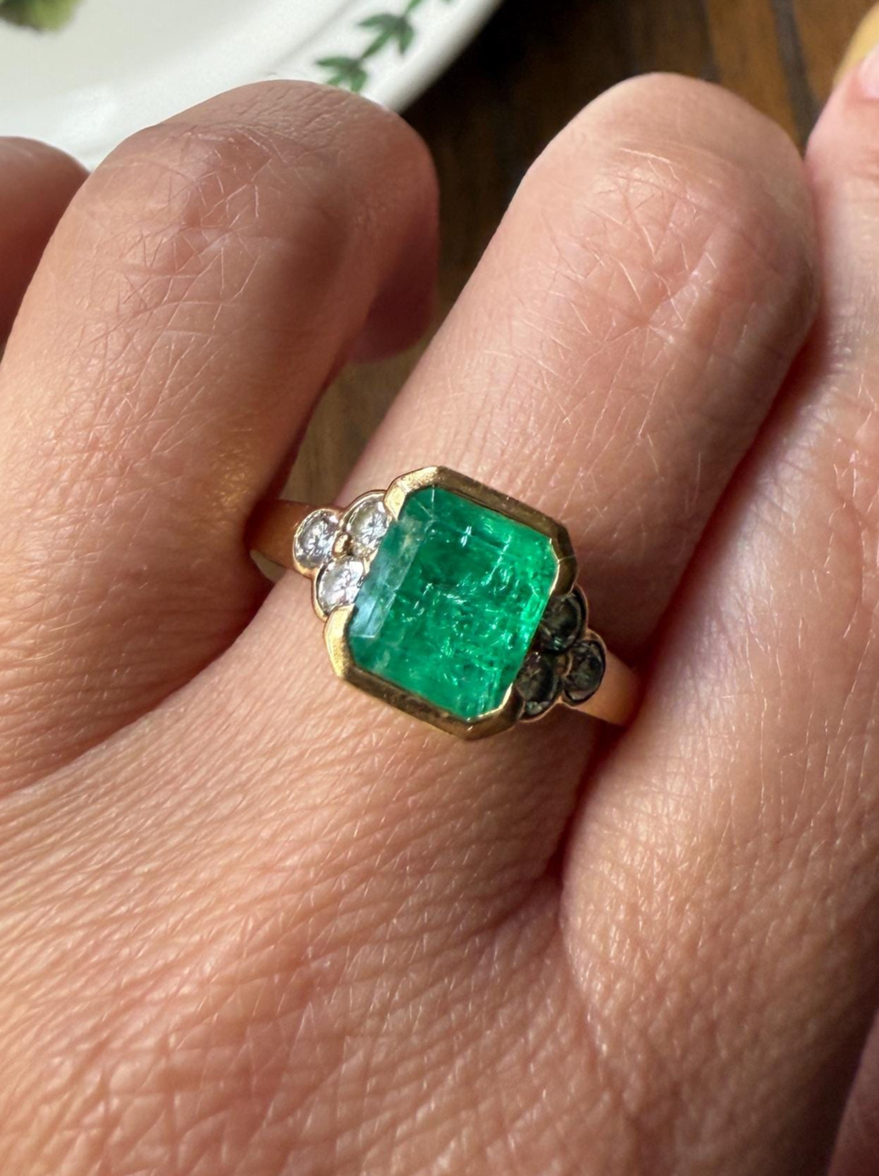 Vintage Rectangular Emerald Diamond Seven Stone Ring French 18k Gold Band Retro Stacker Green Sparkle Colorful Gift Tall Demi Bezel