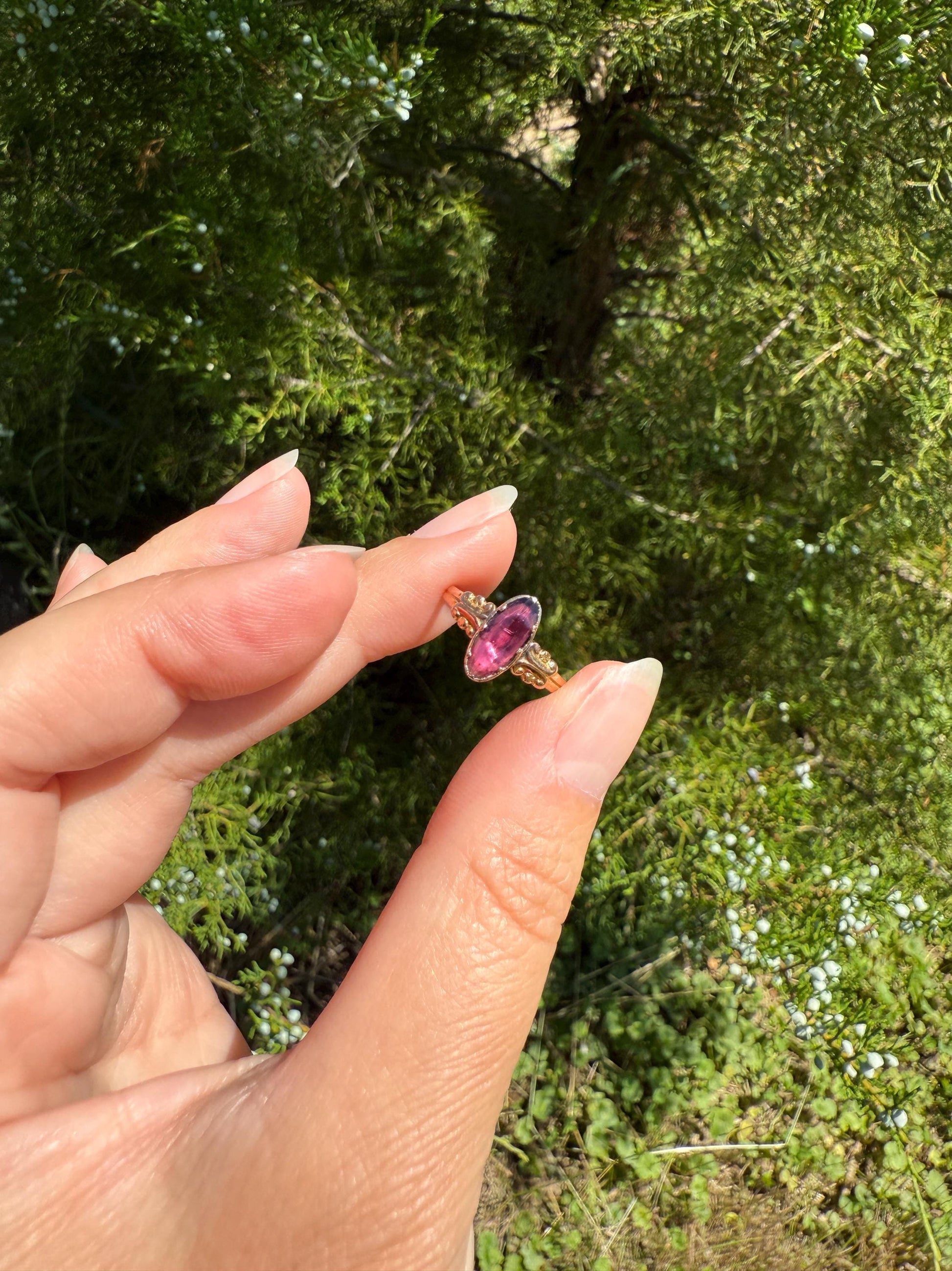 ANTIQUE French Perpignan GARNET Ring VICTORIAN 18k Gold Unique Marquise Rose Cut Bezel Set Rose Cut Closed Back Glowing Purple Pink Ornate