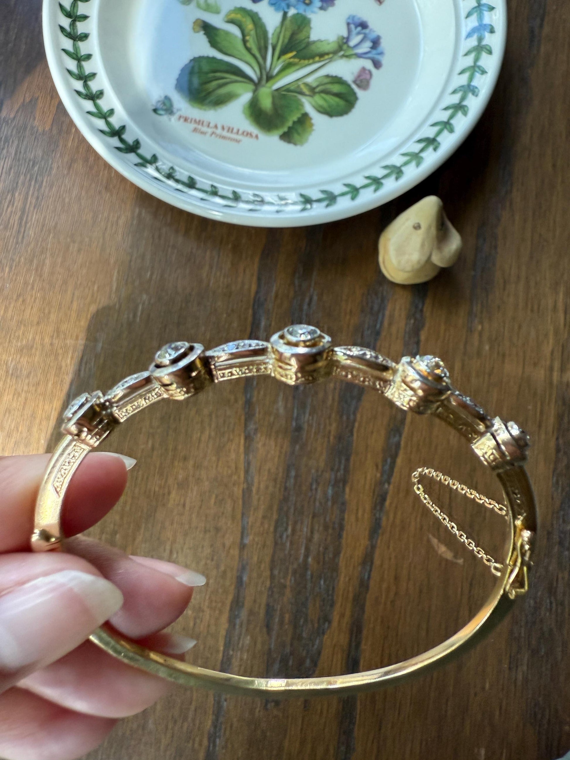 ANTIQUE 1 Carat Rose Old Mine Cut DIAMOND BANGLE Bracelet Hinged Engraved Halo Setting Yellow Champagne White Linear Unique Target Bullseye