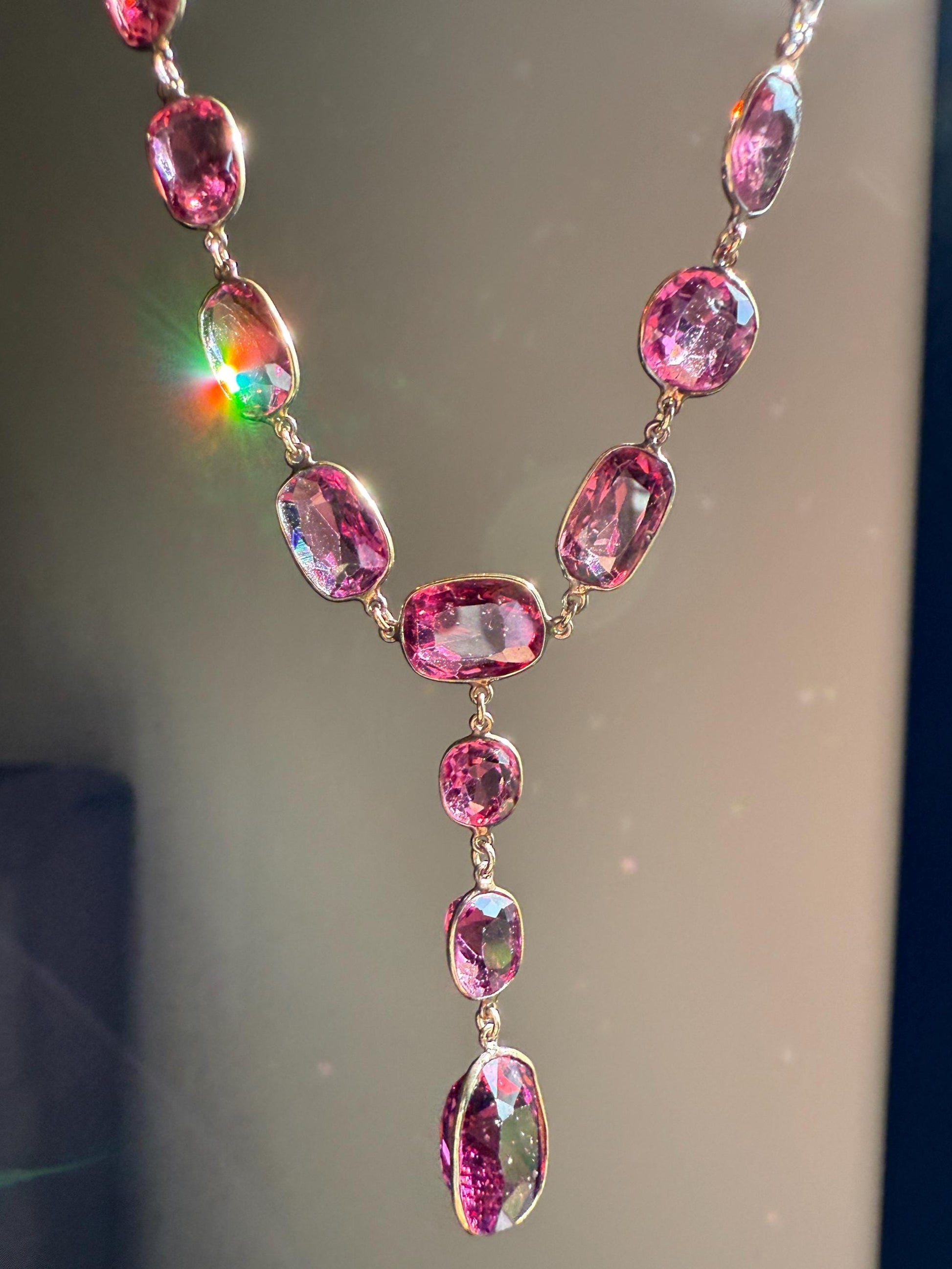 Antique 36 GARNET Riviera Station Chain 10k GOLD Berry Purple Pink Chunky Lariat Y Necklace Romantic Gift Neckmess Neckstack Collar