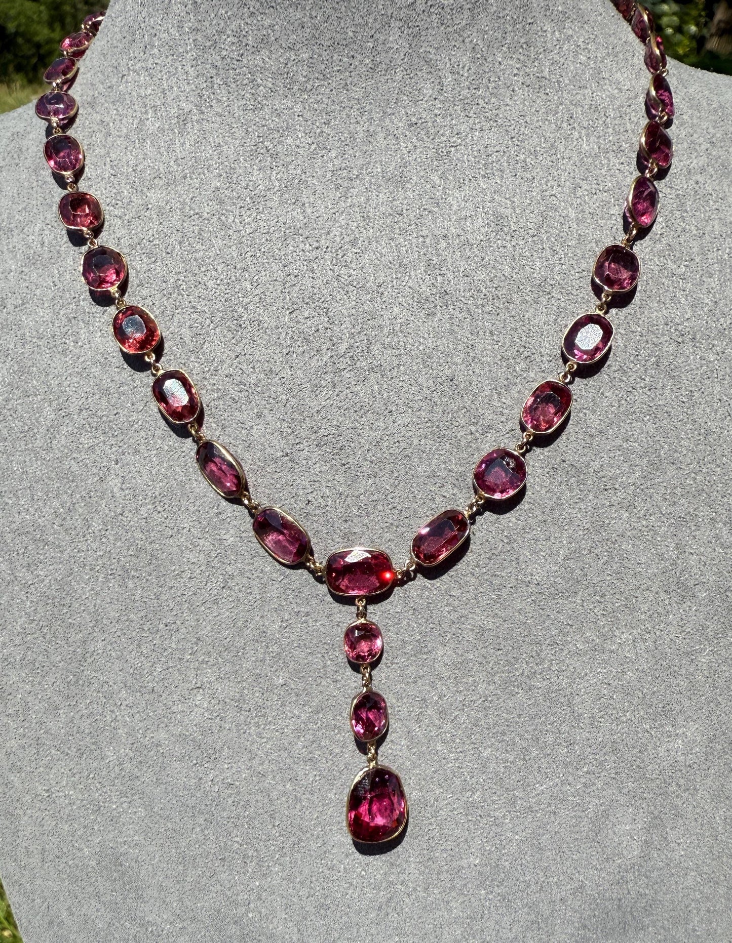 Antique 36 GARNET Riviera Station Chain 10k GOLD Berry Purple Pink Chunky Lariat Y Necklace Romantic Gift Neckmess Neckstack Collar