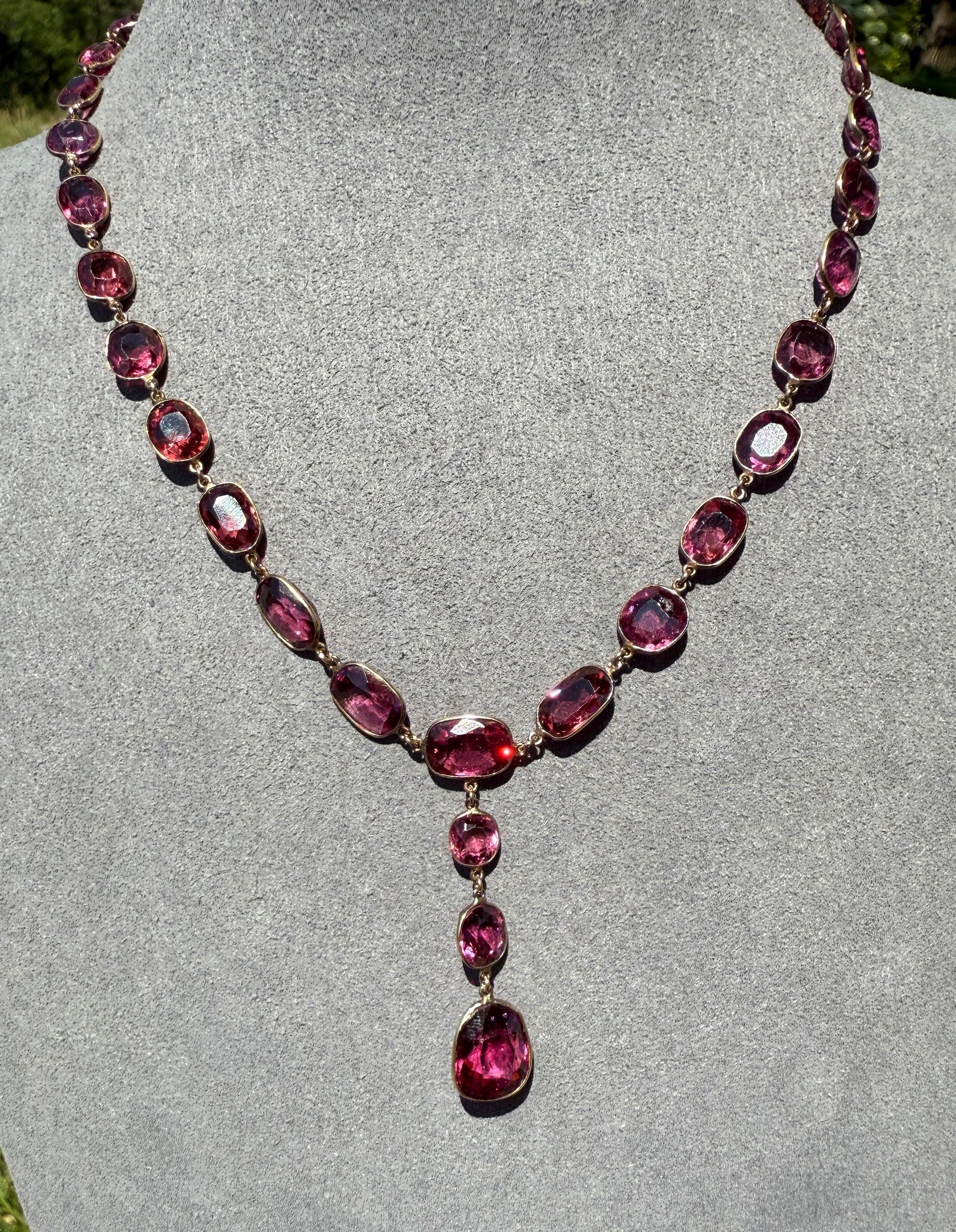 Antique 36 GARNET Riviera Station Chain 10k GOLD Berry Purple Pink Chunky Lariat Y Necklace Romantic Gift Neckmess Neckstack Collar