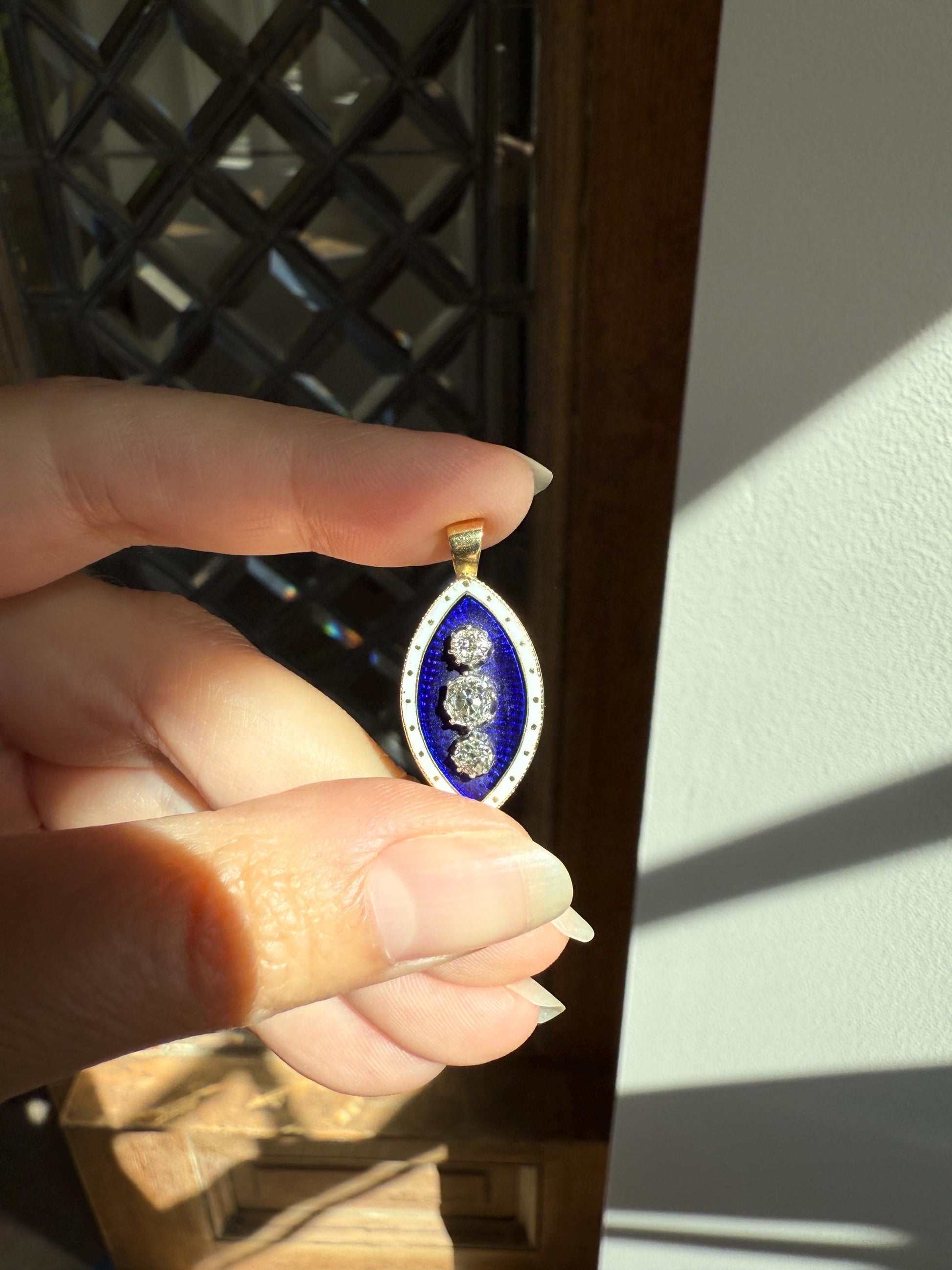 STARS Au Firmament .83 Carat Tdw Old Mine Cut DIAMOND Blue Enamel White Halo Marquise Pendant Victorian Antique 18k Gold Silver Collet