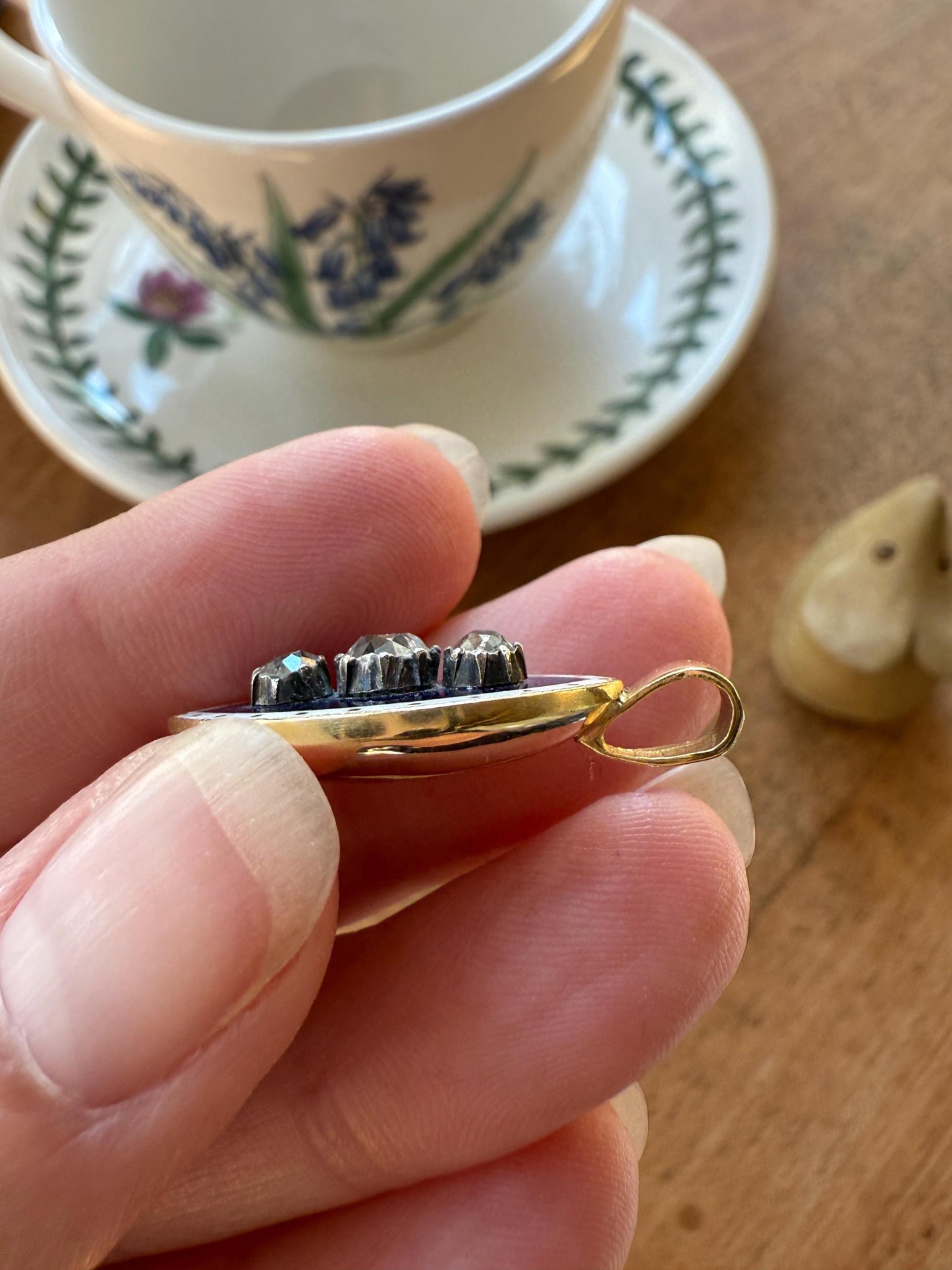 STARS Au Firmament .83 Carat Tdw Old Mine Cut DIAMOND Blue Enamel White Halo Marquise Pendant Victorian Antique 18k Gold Silver Collet