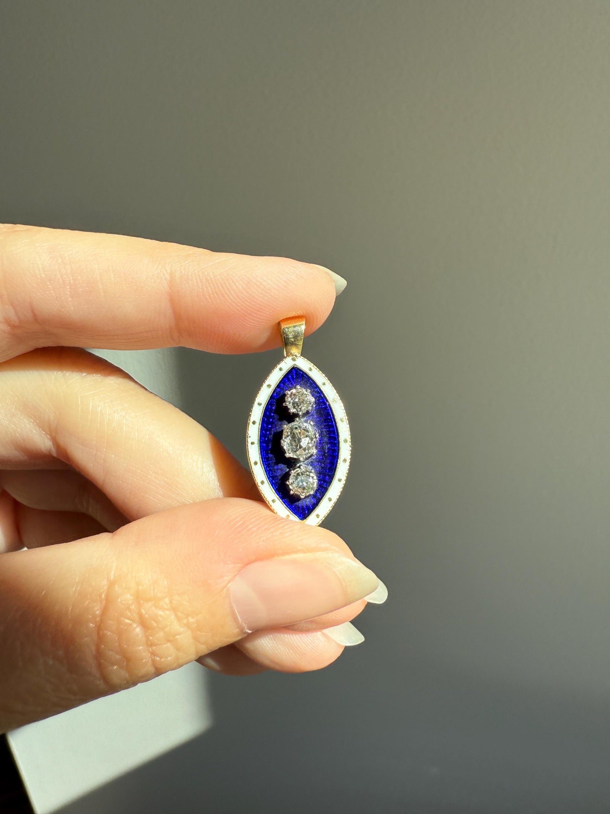 STARS Au Firmament .83 Carat Tdw Old Mine Cut DIAMOND Blue Enamel White Halo Marquise Pendant Victorian Antique 18k Gold Silver Collet