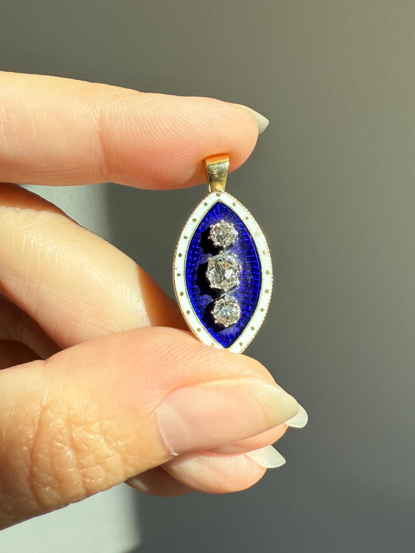 STARS Au Firmament .83 Carat Tdw Old Mine Cut DIAMOND Blue Enamel White Halo Marquise Pendant Victorian Antique 18k Gold Silver Collet