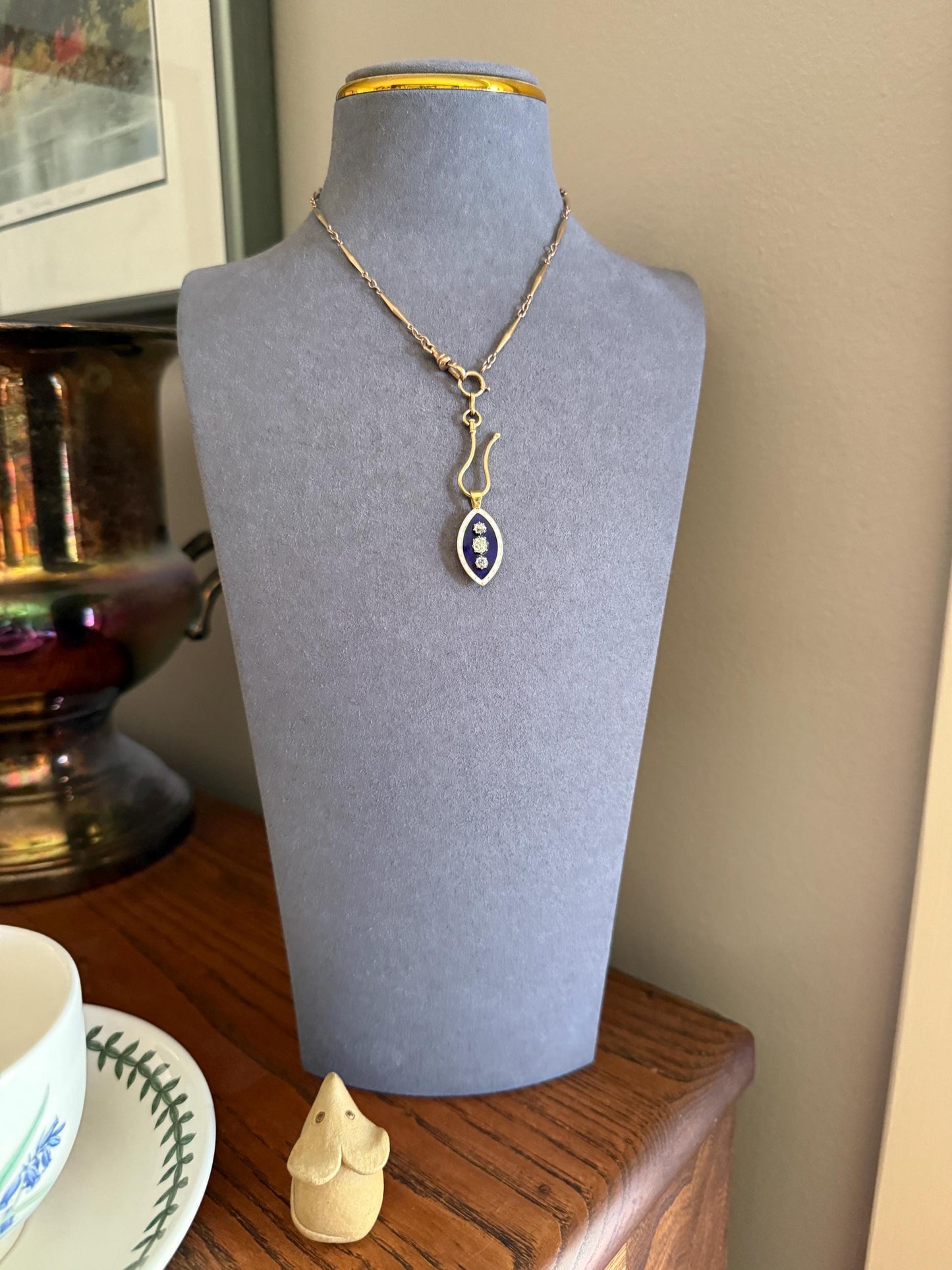 STARS Au Firmament .83 Carat Tdw Old Mine Cut DIAMOND Blue Enamel White Halo Marquise Pendant Victorian Antique 18k Gold Silver Collet