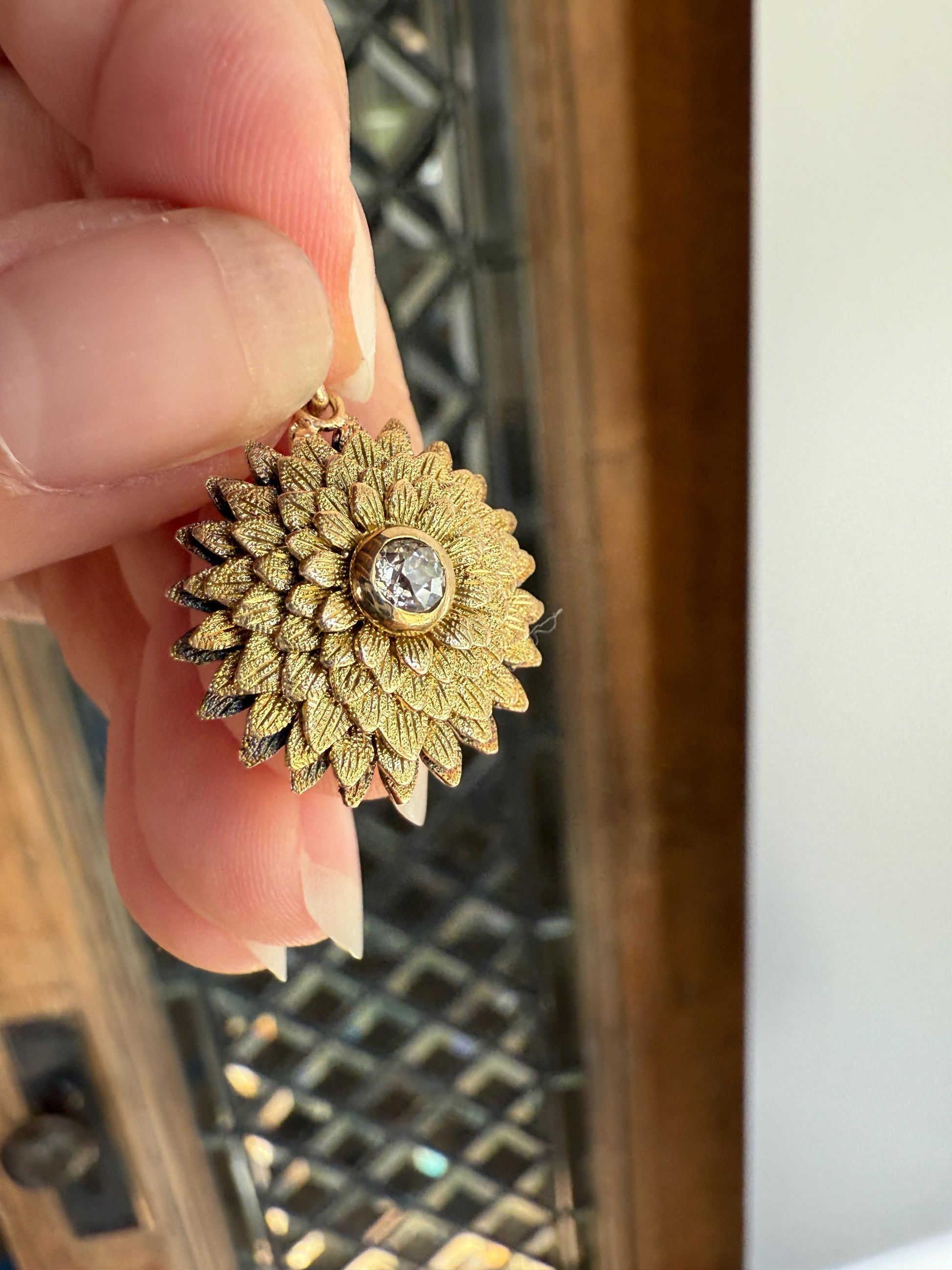 DAHLIA or Chrysanthemum Figural Floral Pendant 6.1g 14k Gold Antique Victorian Old Mine Cut Diamond Domed Engraved Petals 3D Lifelike Flower