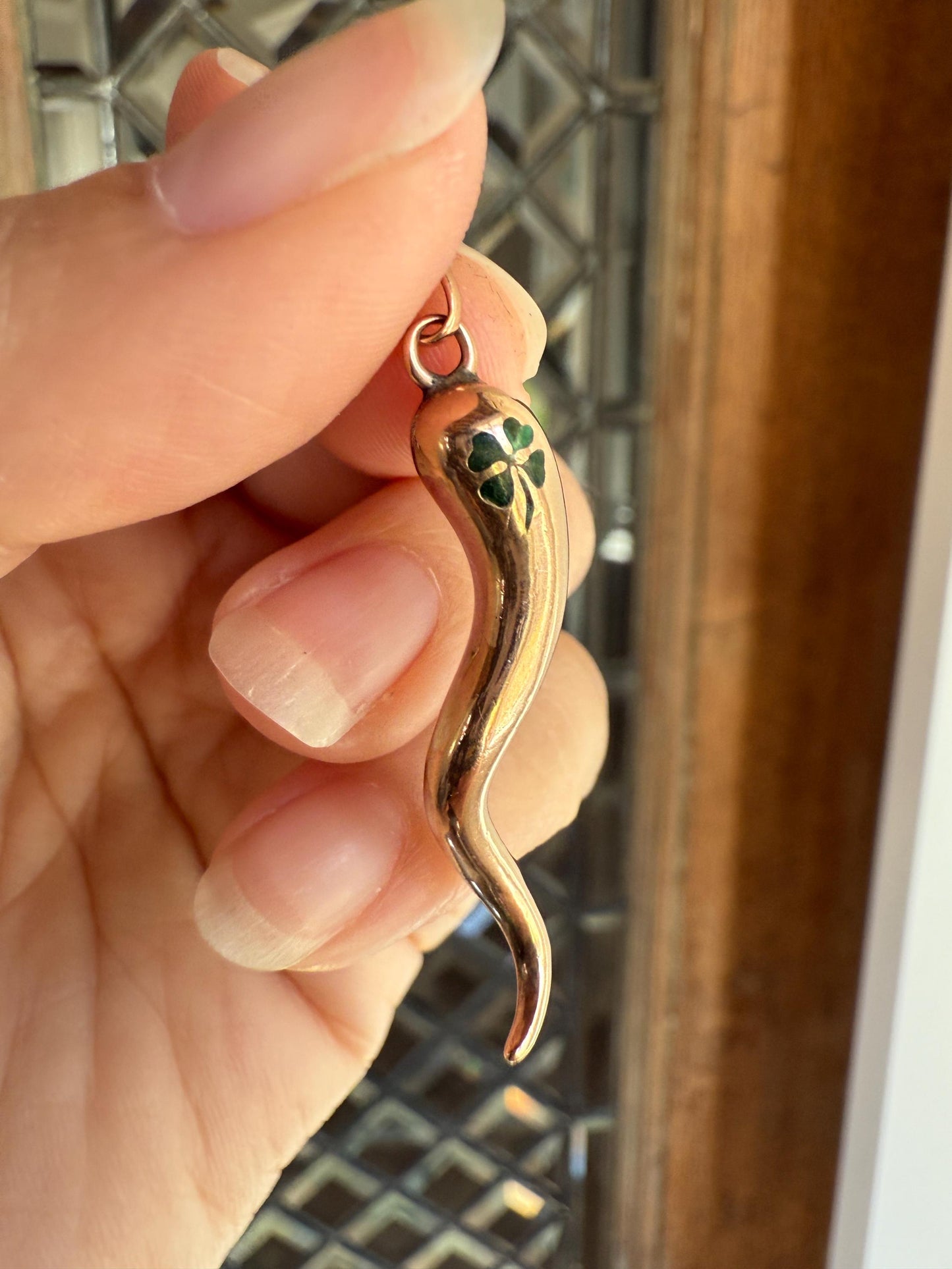 HORN Antique Lucky Clover Larger Figural PENDANT 10k Rose Gold Good Luck Gift Amulet Charm Evil Eye Cornicello Green Enamel Unique