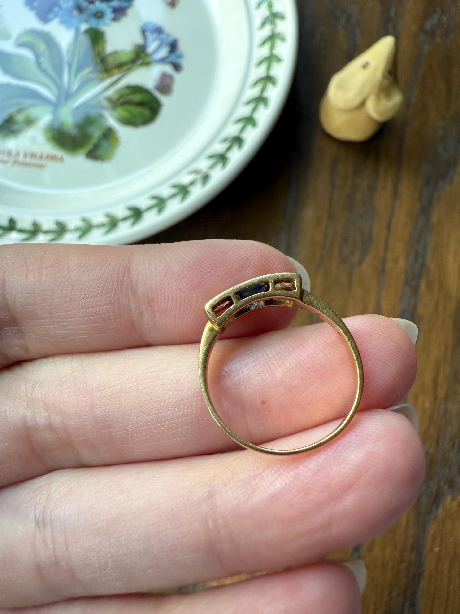 Antique Natural Sapphire Rose Cut Diamond Three Stone Ring Skinny Band 18k Gold Square Rectangle Geometric Stacker