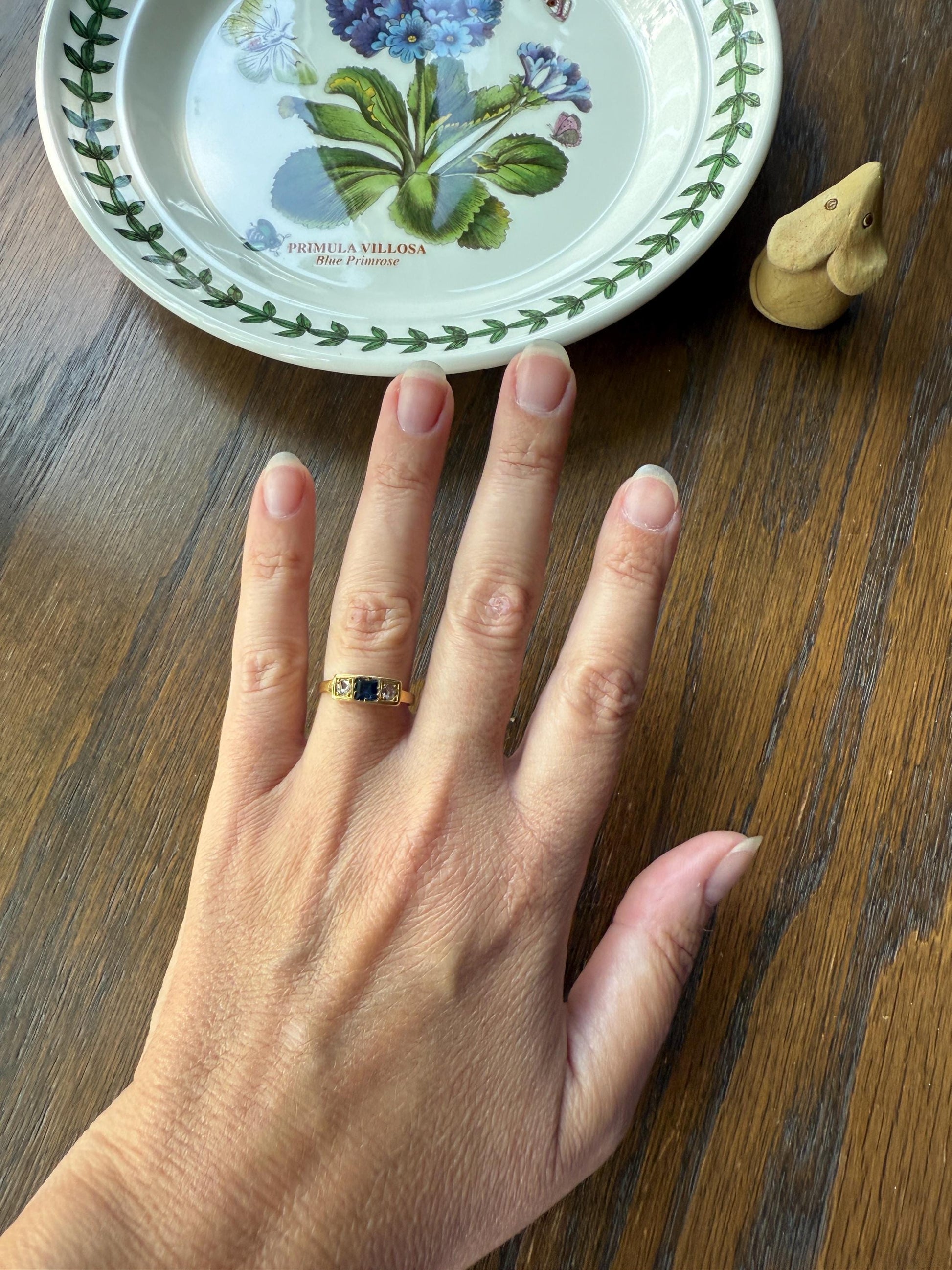 Antique Natural Sapphire Rose Cut Diamond Three Stone Ring Skinny Band 18k Gold Square Rectangle Geometric Stacker