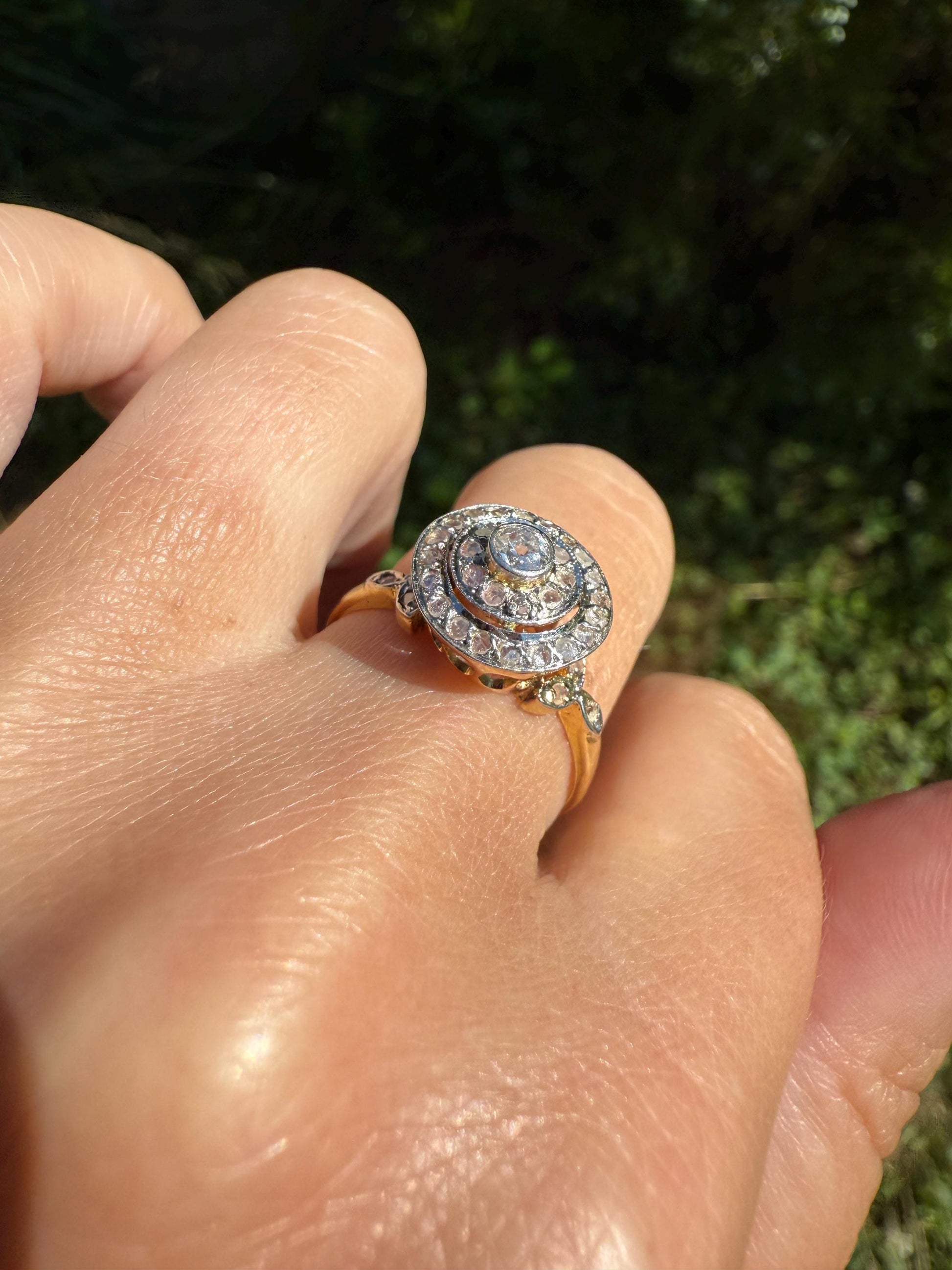 Tall Antique Rose Old Mine Cut DIAMOND Bullseye Target Halo Ring Geometric Stacker French Belle Epoque 18k Gold Platinum Bezel Set