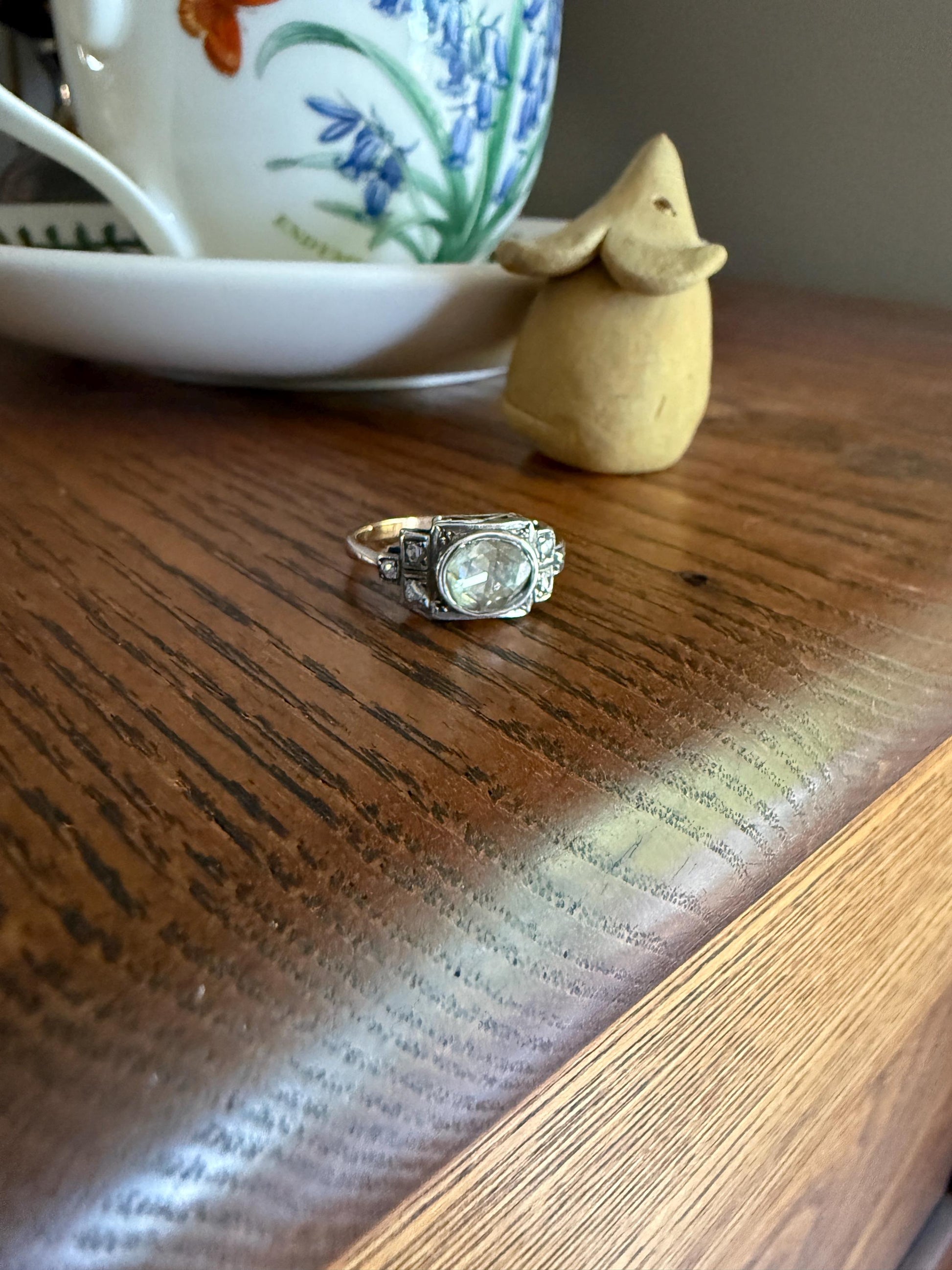 East West Large 1 Carat + Rose Cut DIAMOND Geometric Art Deco Seven Stone 14k Gold Silver Topped Antique Ring Stacker Georgian Revival