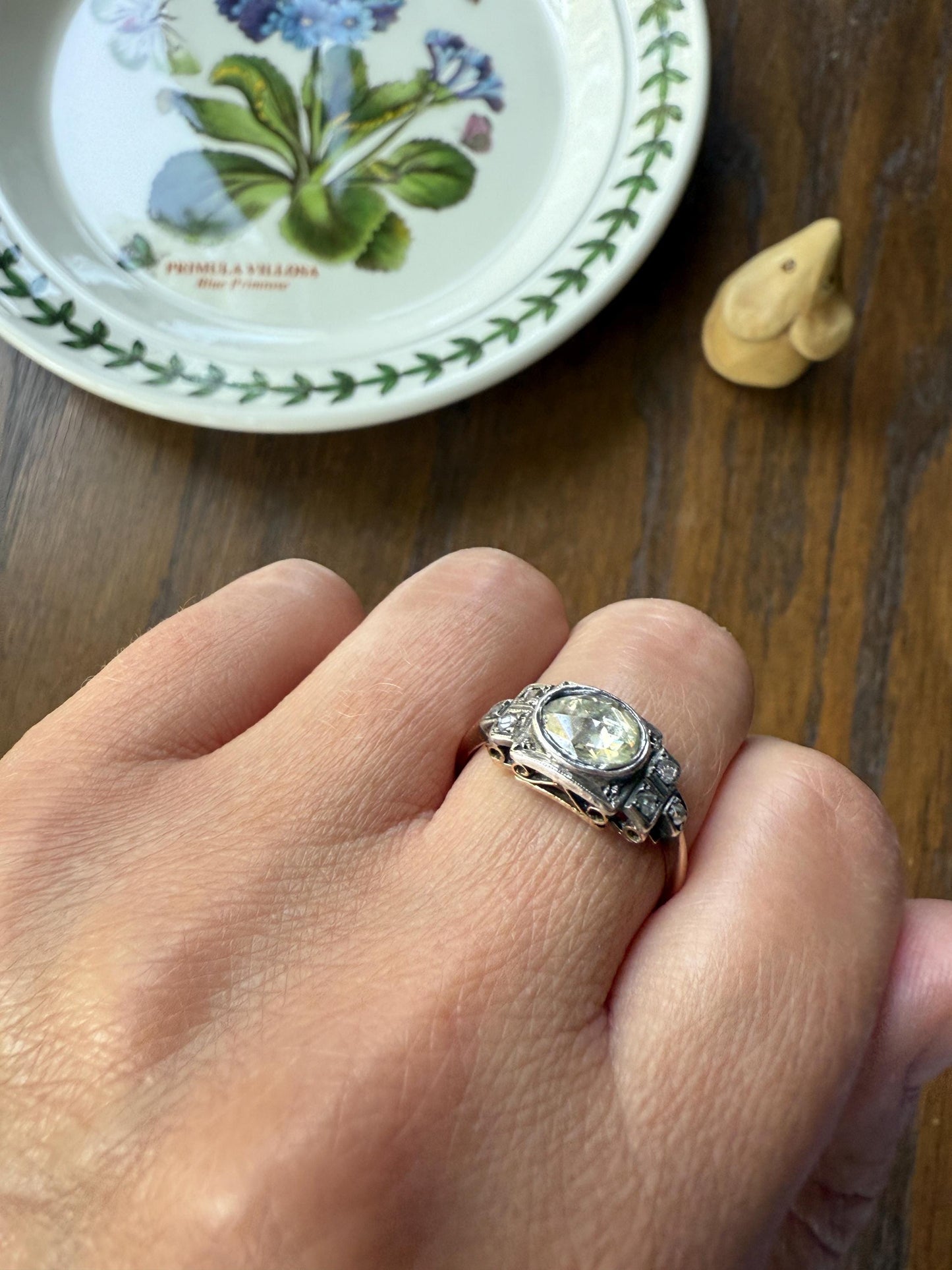 East West Large 1 Carat + Rose Cut DIAMOND Geometric Art Deco Seven Stone 14k Gold Silver Topped Antique Ring Stacker Georgian Revival