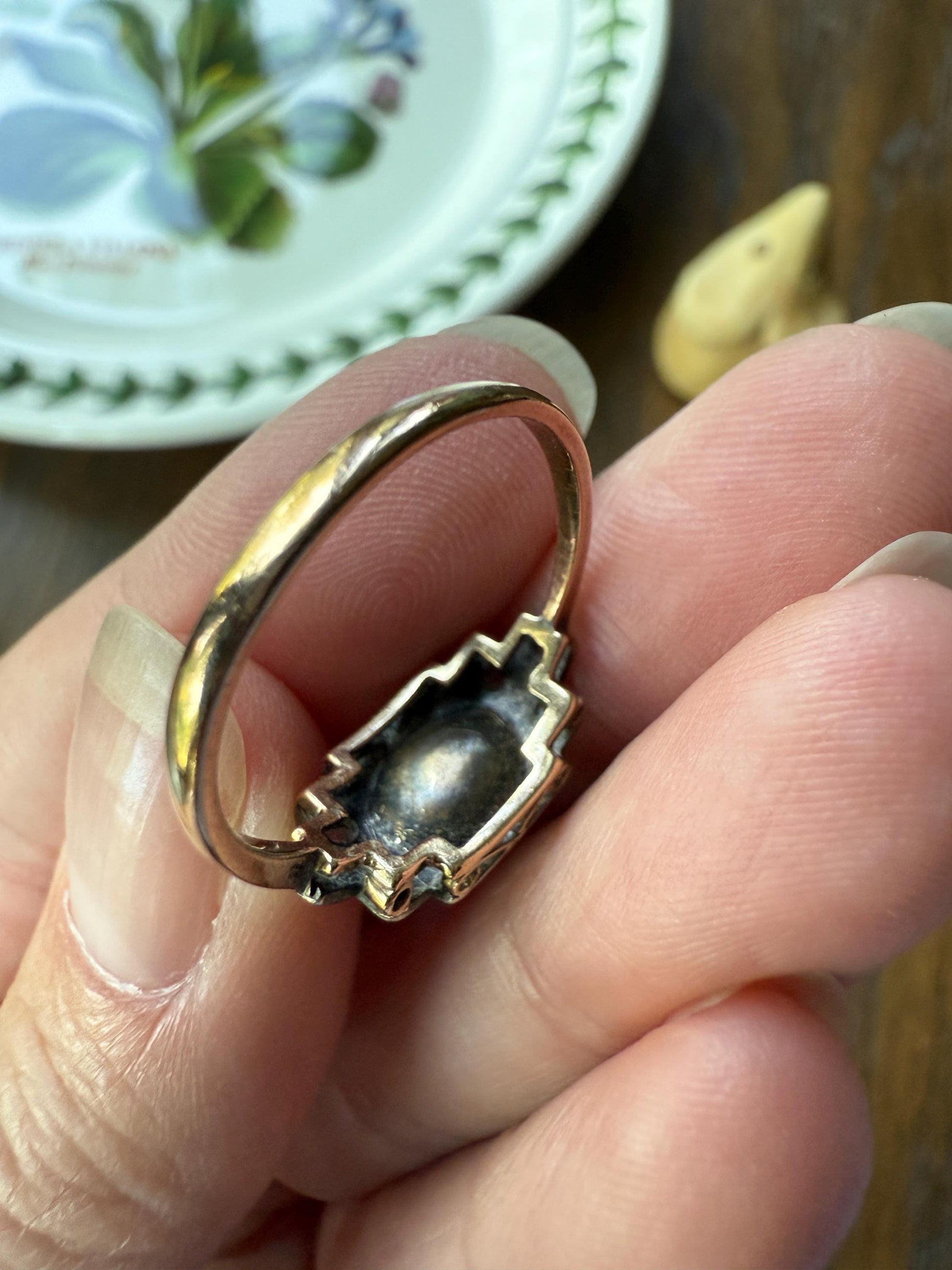 East West Large 1 Carat + Rose Cut DIAMOND Geometric Art Deco Seven Stone 14k Gold Silver Topped Antique Ring Stacker Georgian Revival