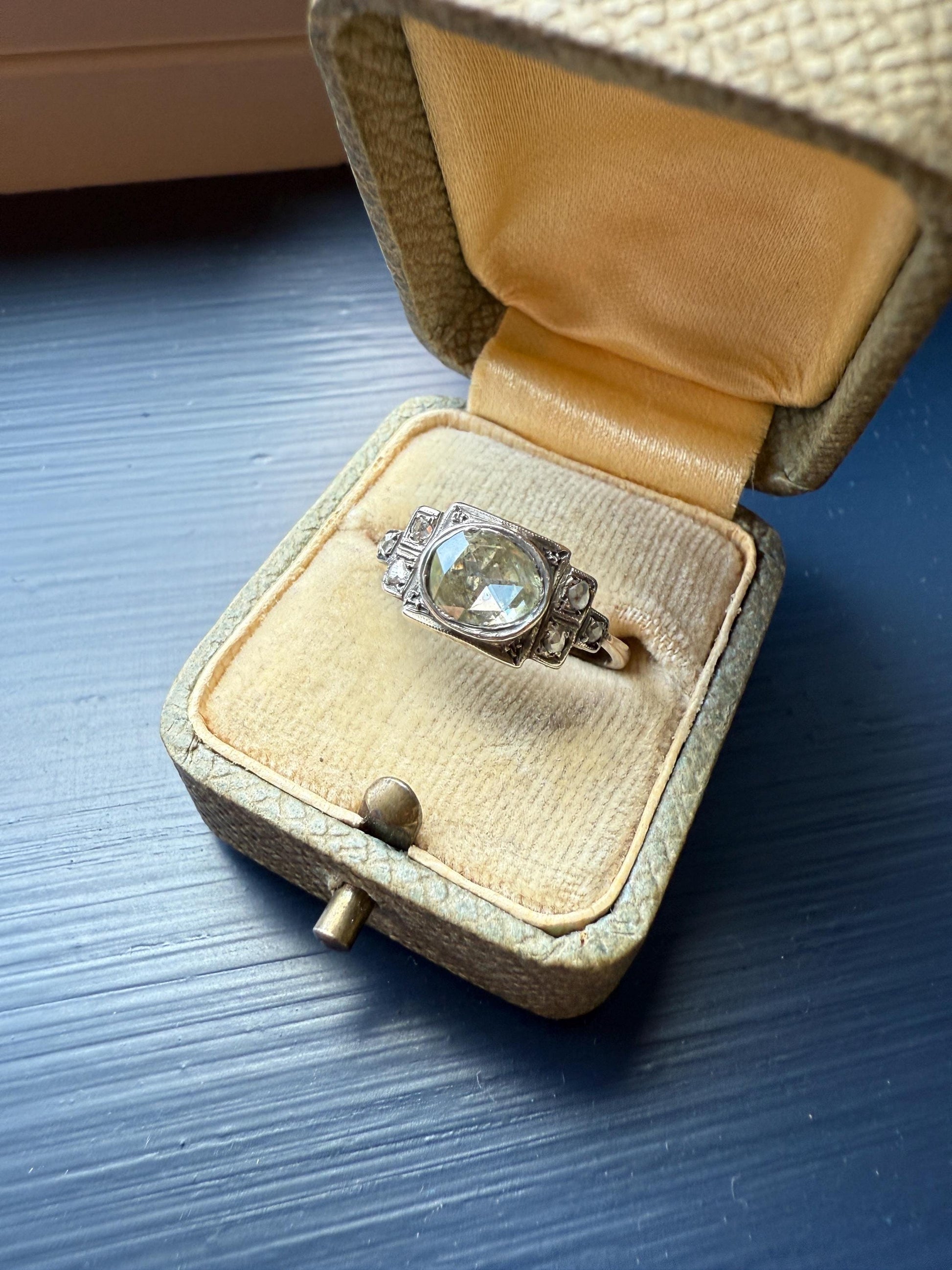 East West Large 1 Carat + Rose Cut DIAMOND Geometric Art Deco Seven Stone 14k Gold Silver Topped Antique Ring Stacker Georgian Revival