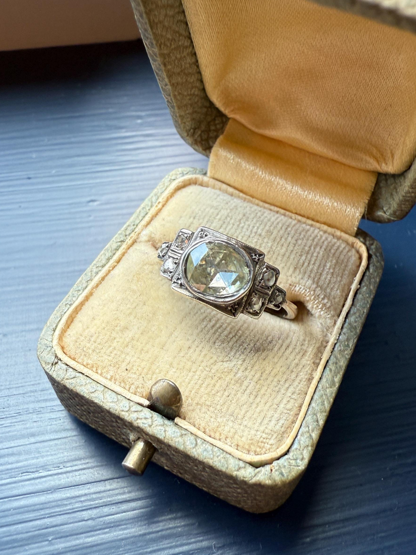 East West Large 1 Carat + Rose Cut DIAMOND Geometric Art Deco Seven Stone 14k Gold Silver Topped Antique Ring